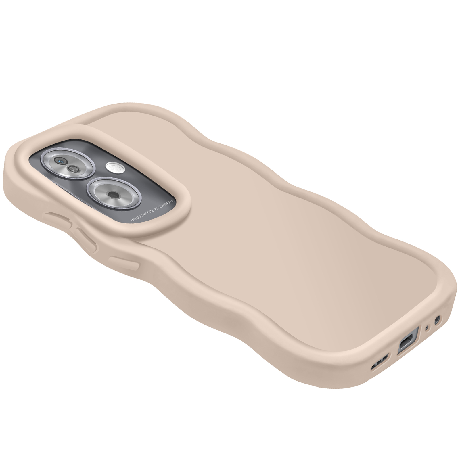 Custodia beige per telefono con design ondulato. Due fotocamere e un flash visibili.