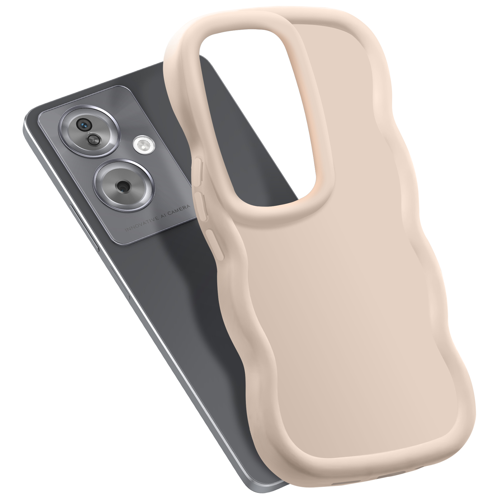 Telefono con custodia rosa. Il telefono è grigio e ha due lenti della fotocamera.
