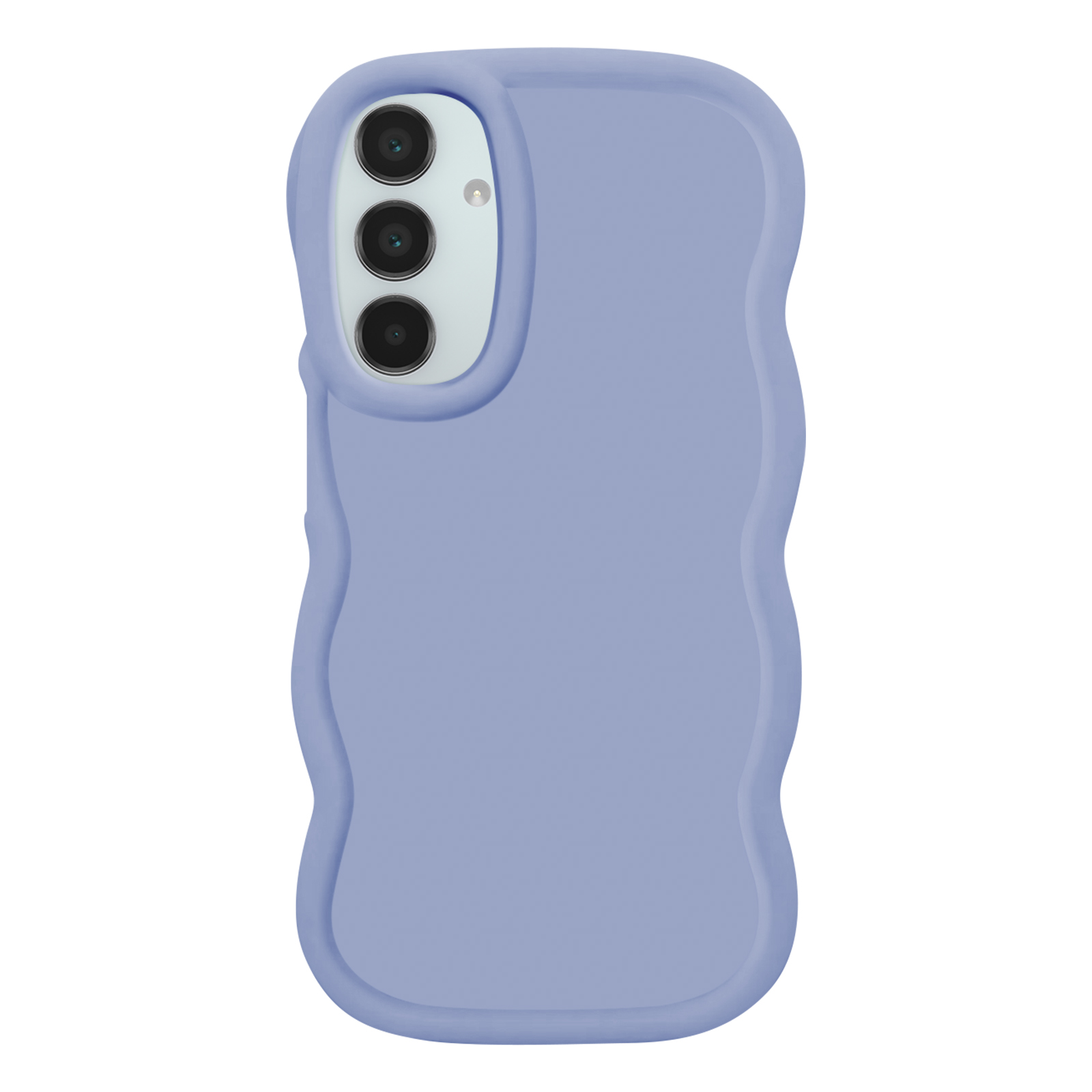 Una custodia viola per telefono con design ondulato e tre lenti della fotocamera.