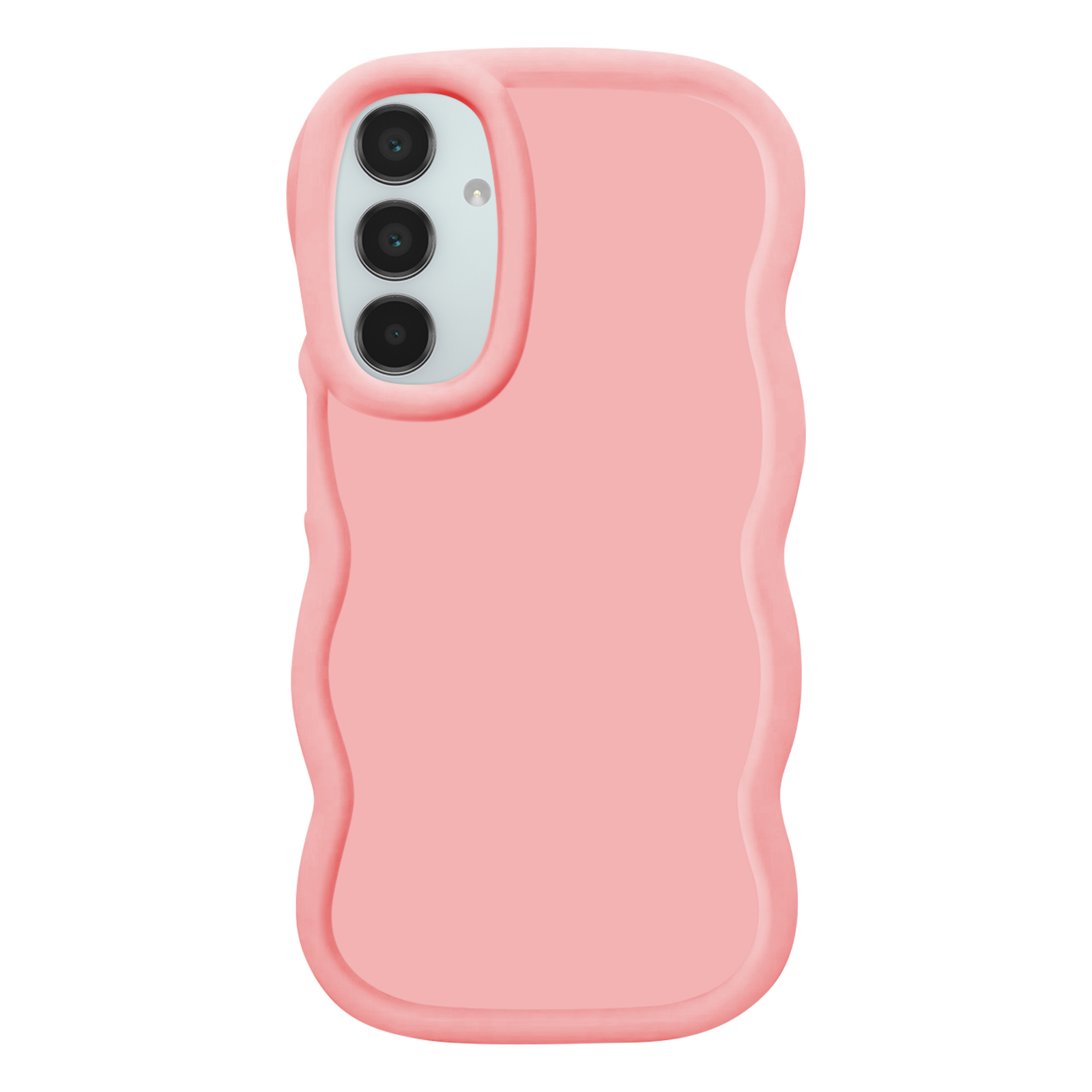 Una custodia per telefono rosa con un design a bordo ondulato. Ha tre ritagli per fotocamera.