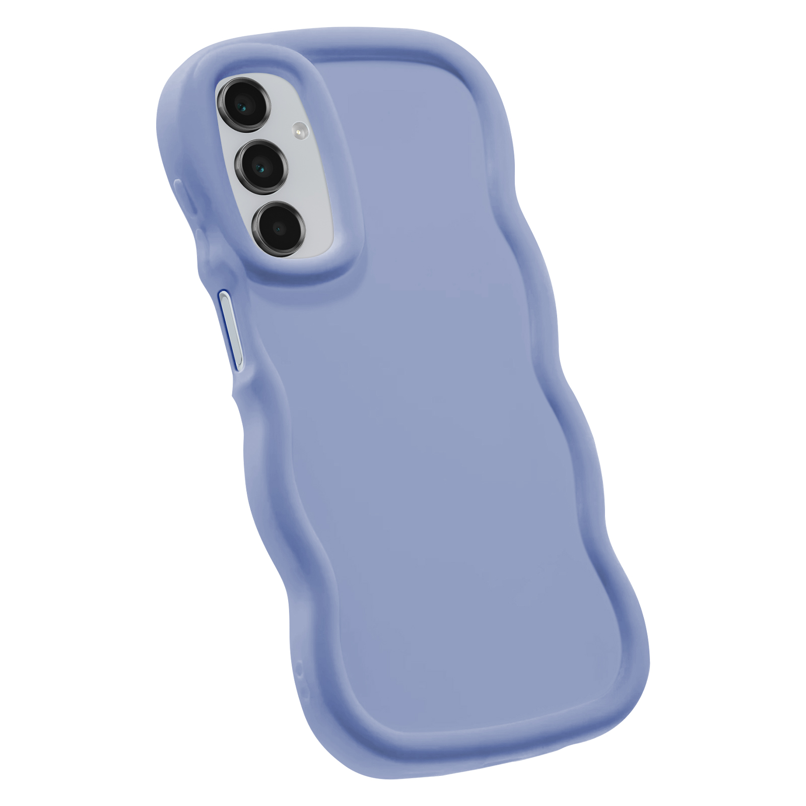 Una custodia per telefono viola chiaro con bordo ondulato, con fori per la fotocamera su sfondo bianco.