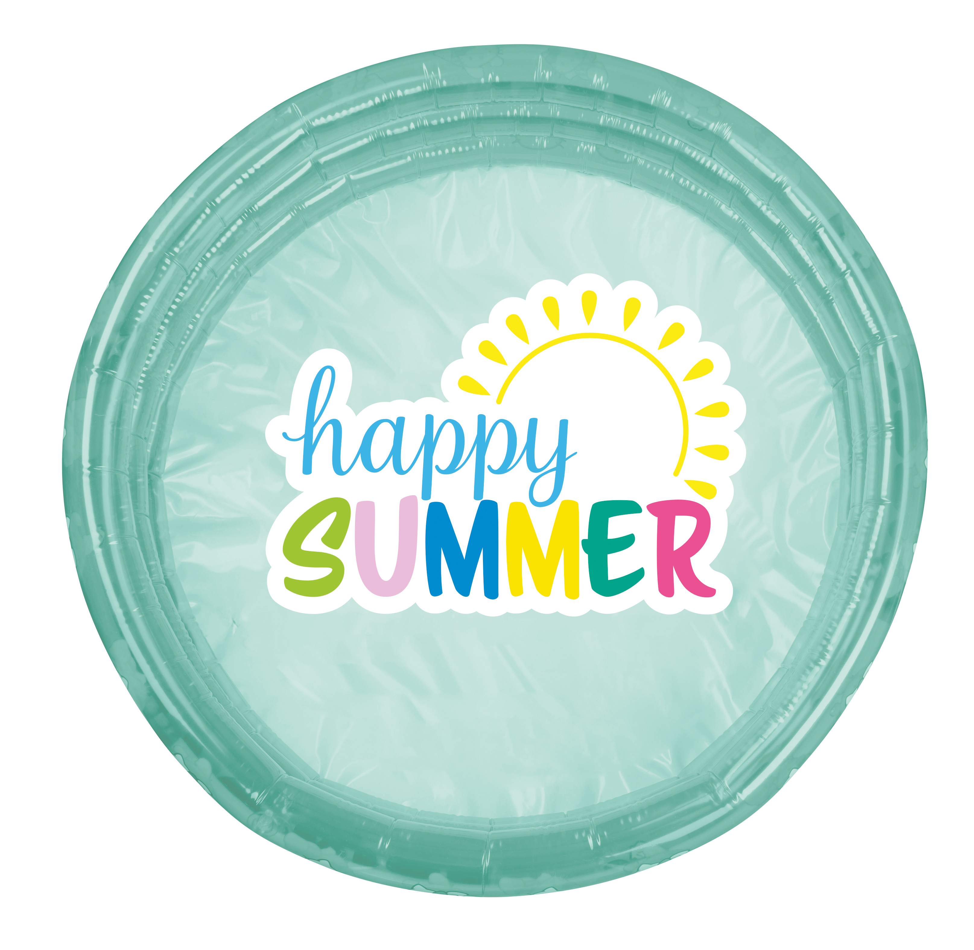 Ein runder, türkisfarbener Pool mit einem 'Happy Summer'-Aufkleber auf weißem Hintergrund.