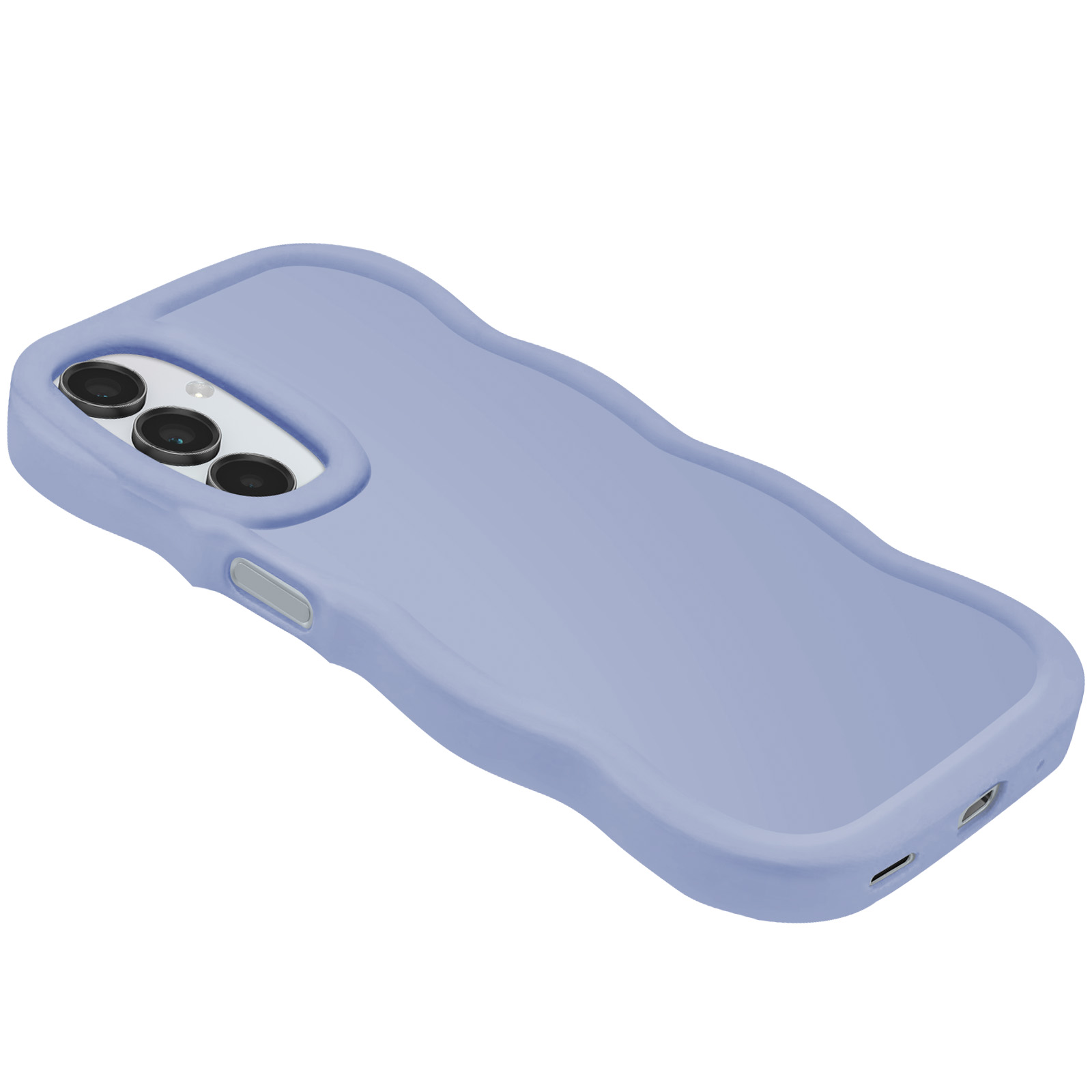 Custodia per telefono azzurra con design ondulato, con tre lenti della fotocamera e una porta di ricarica.