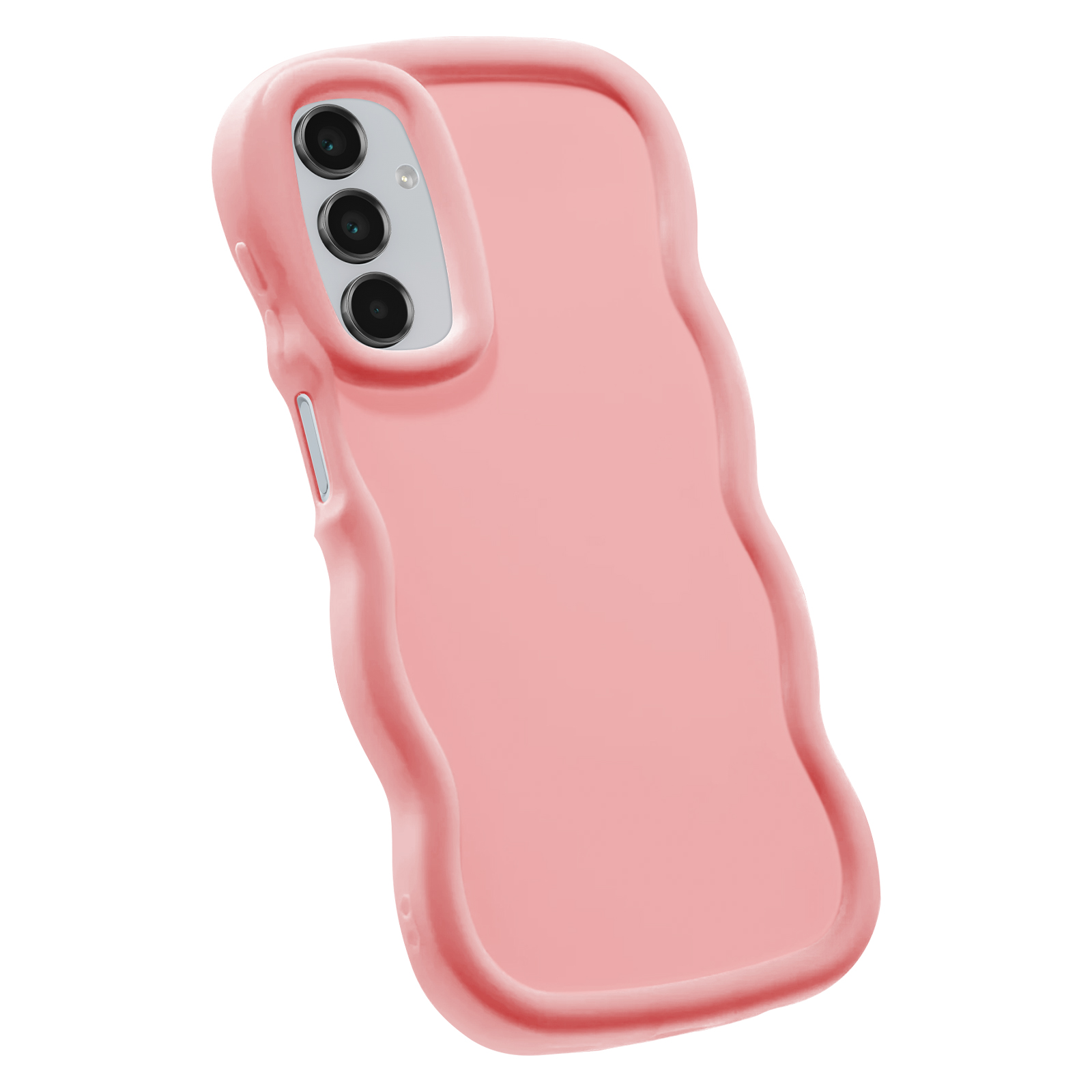 Una custodia per telefono rosa con un design ondulato e un gruppo di fotocamere.