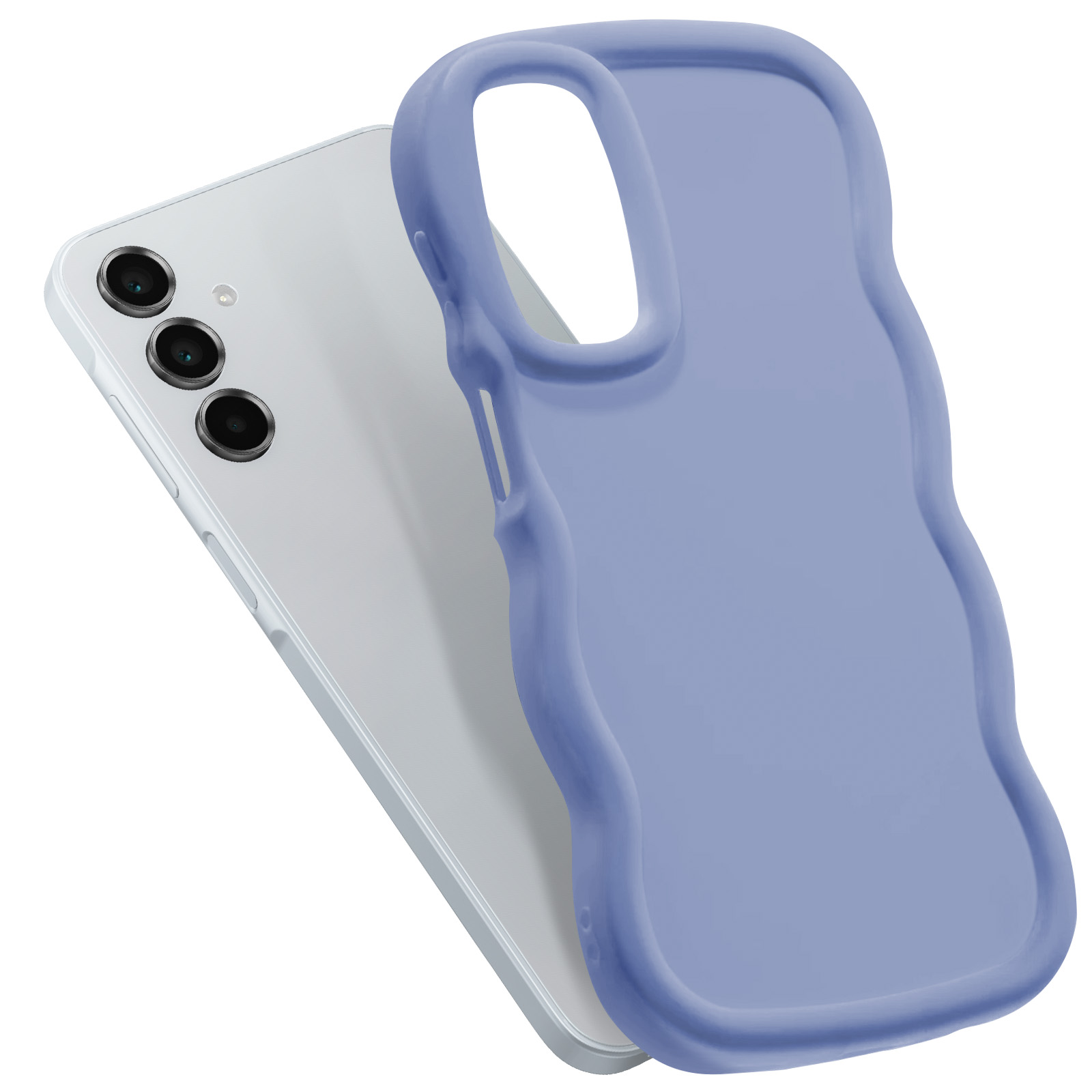 Un telefono bianco con custodia viola. La custodia ha un design ondulato e copre il retro del telefono.