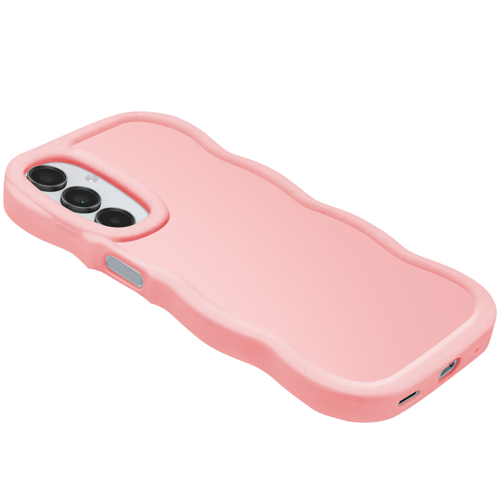 Custodia per telefono rosa con bordi ondulati. Tre ritagli per fotocamera, colore rosa, sfondo bianco.
