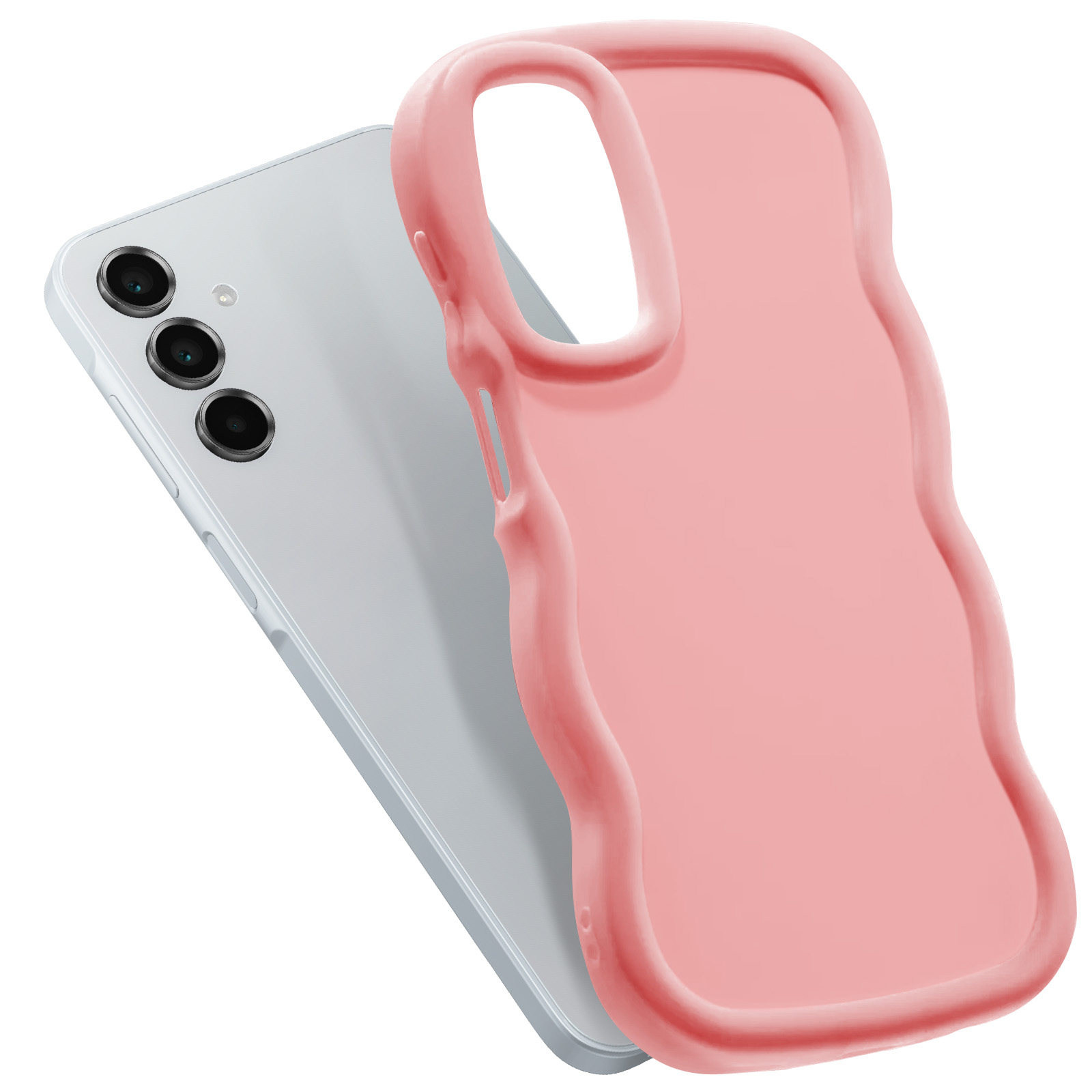 Custodia rosa per telefono con uno smartphone bianco. Tre fotocamere visibili.