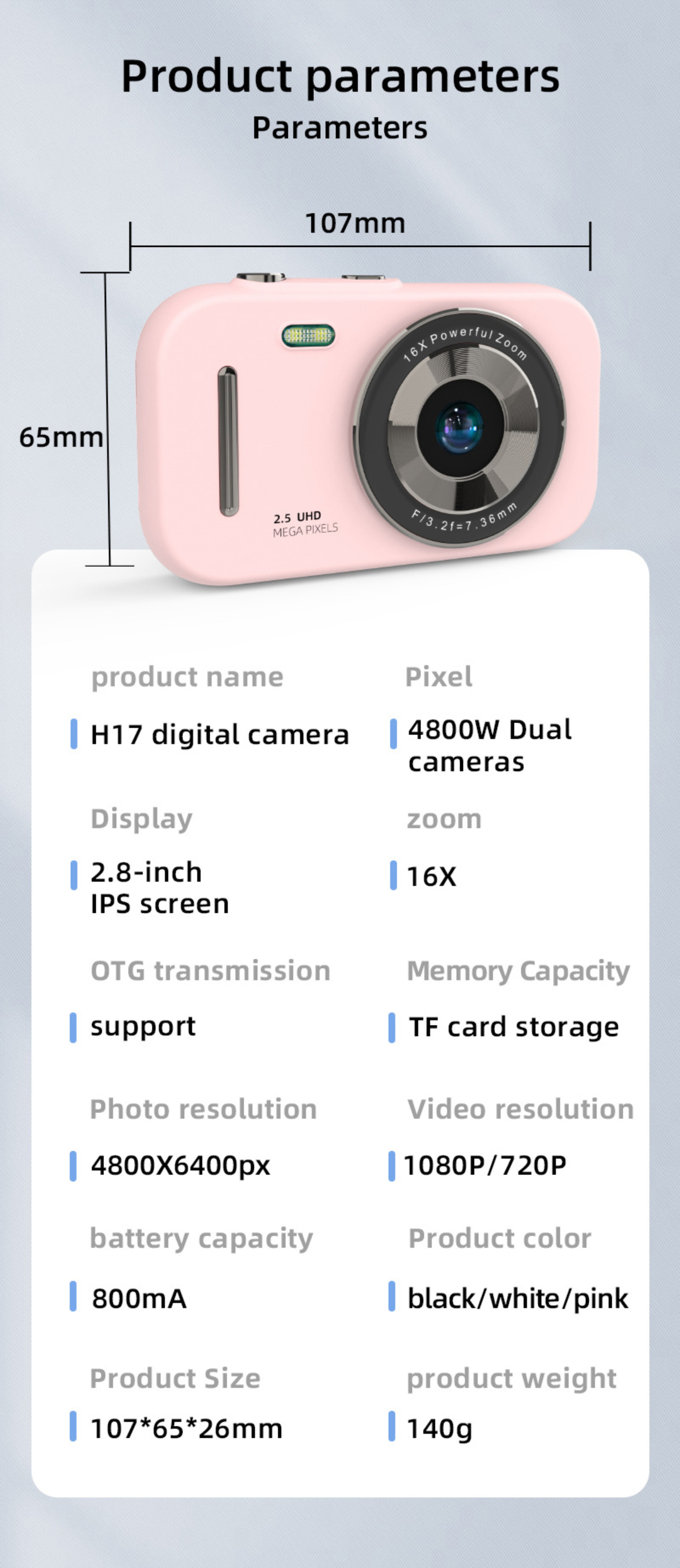 Rosa Digitalkamera mit Spezifikationen, Abmessungen und Produktinformationen.