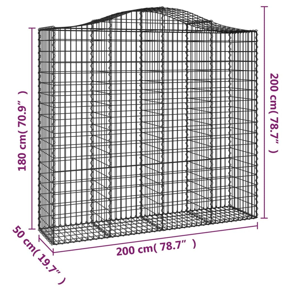 Großer rechteckiger Gabion. Es ist ein Drahtgeflechtkäfig mit Abmessungen in Zentimetern.