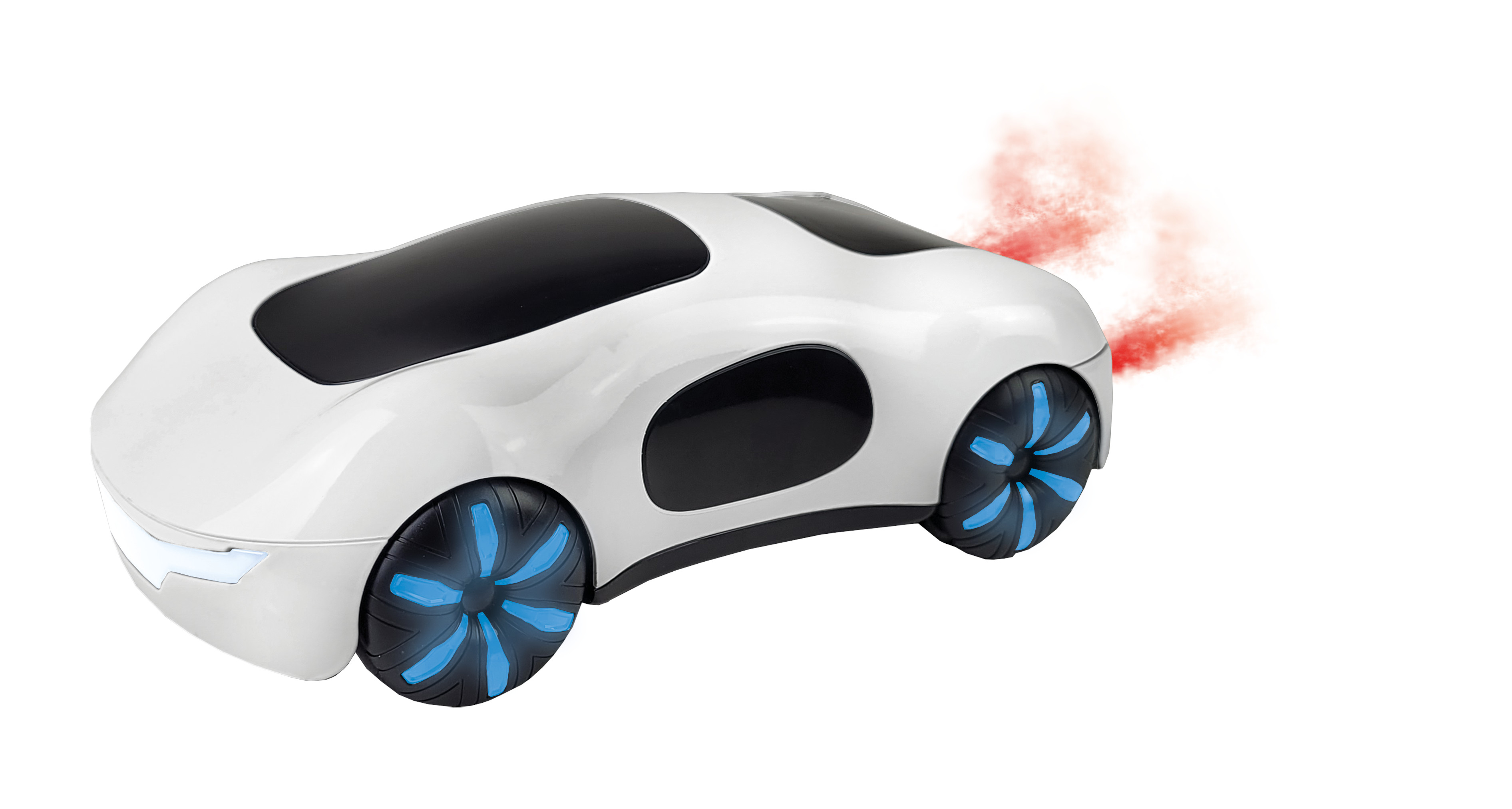 Ein weißes Spielzeugauto mit schwarzem Dach und blauen Rädern, mit rotem Rauch.