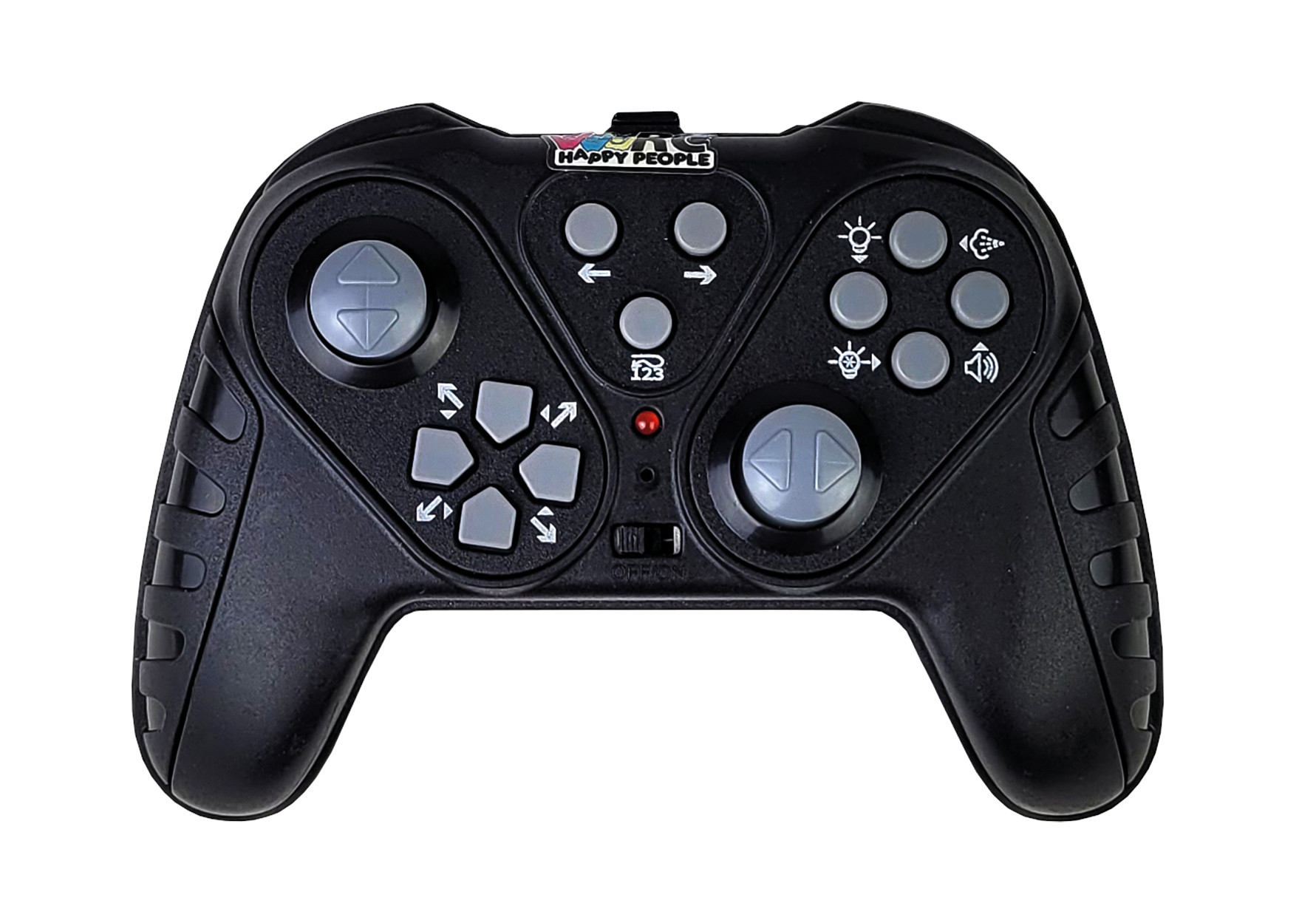 Schwarzer Gamecontroller mit vielen Knöpfen. 'HAPPY PEOPLE' ist oben aufgedruckt.