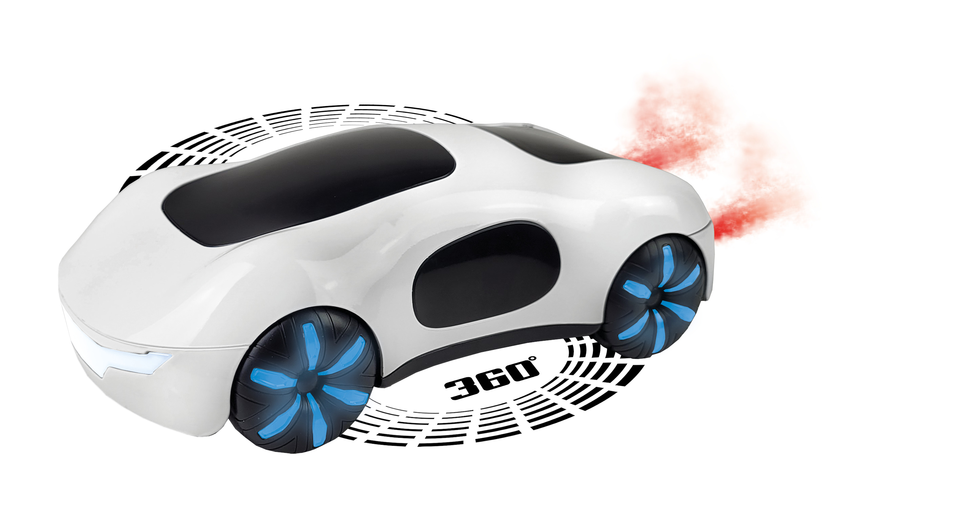 Weißes futuristisches Spielzeugauto mit blauen Rädern, das roten Rauch ausstößt.