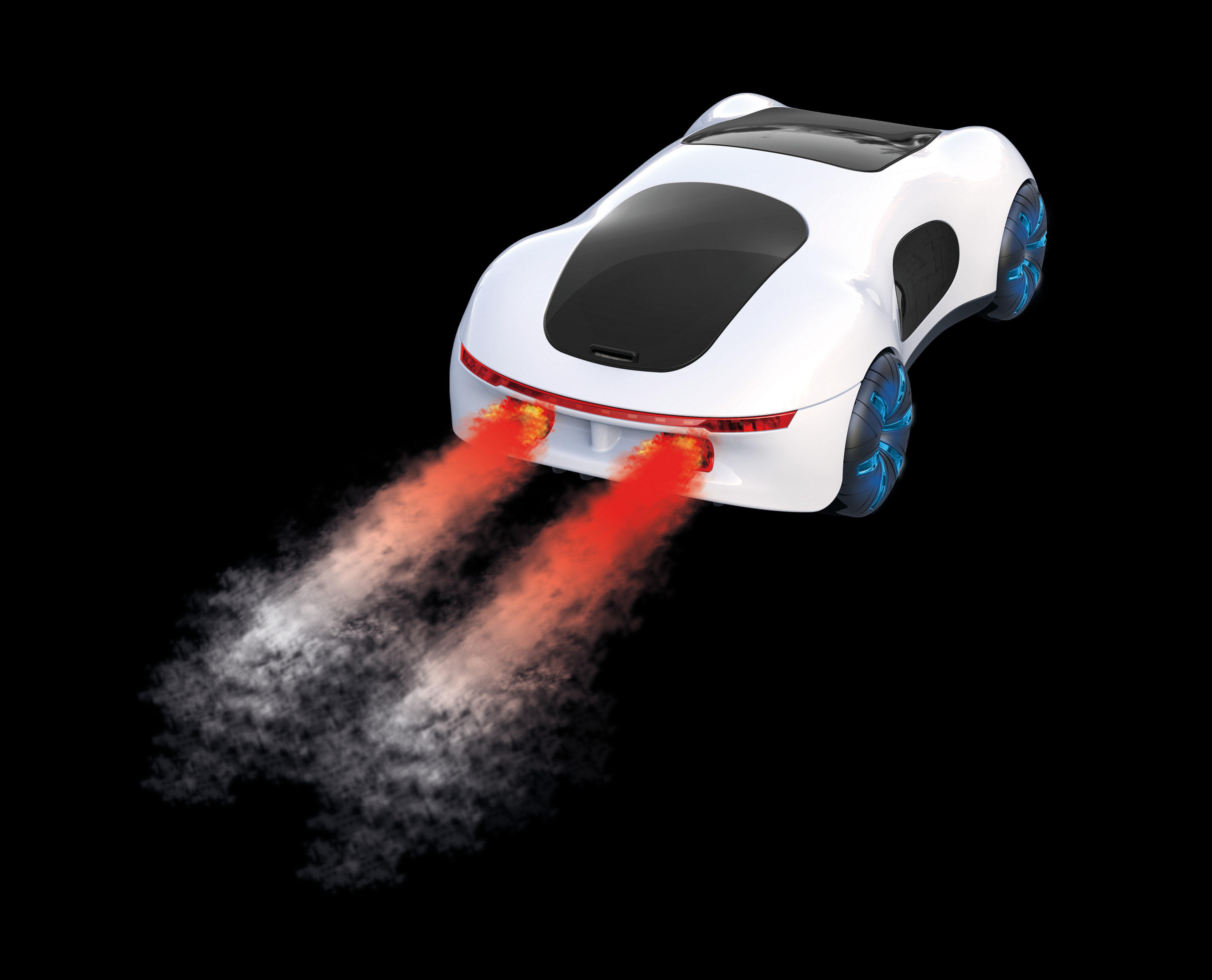 Ein weißes Auto mit roten Auspuffflammen auf schwarzem Hintergrund, futuristisch.
