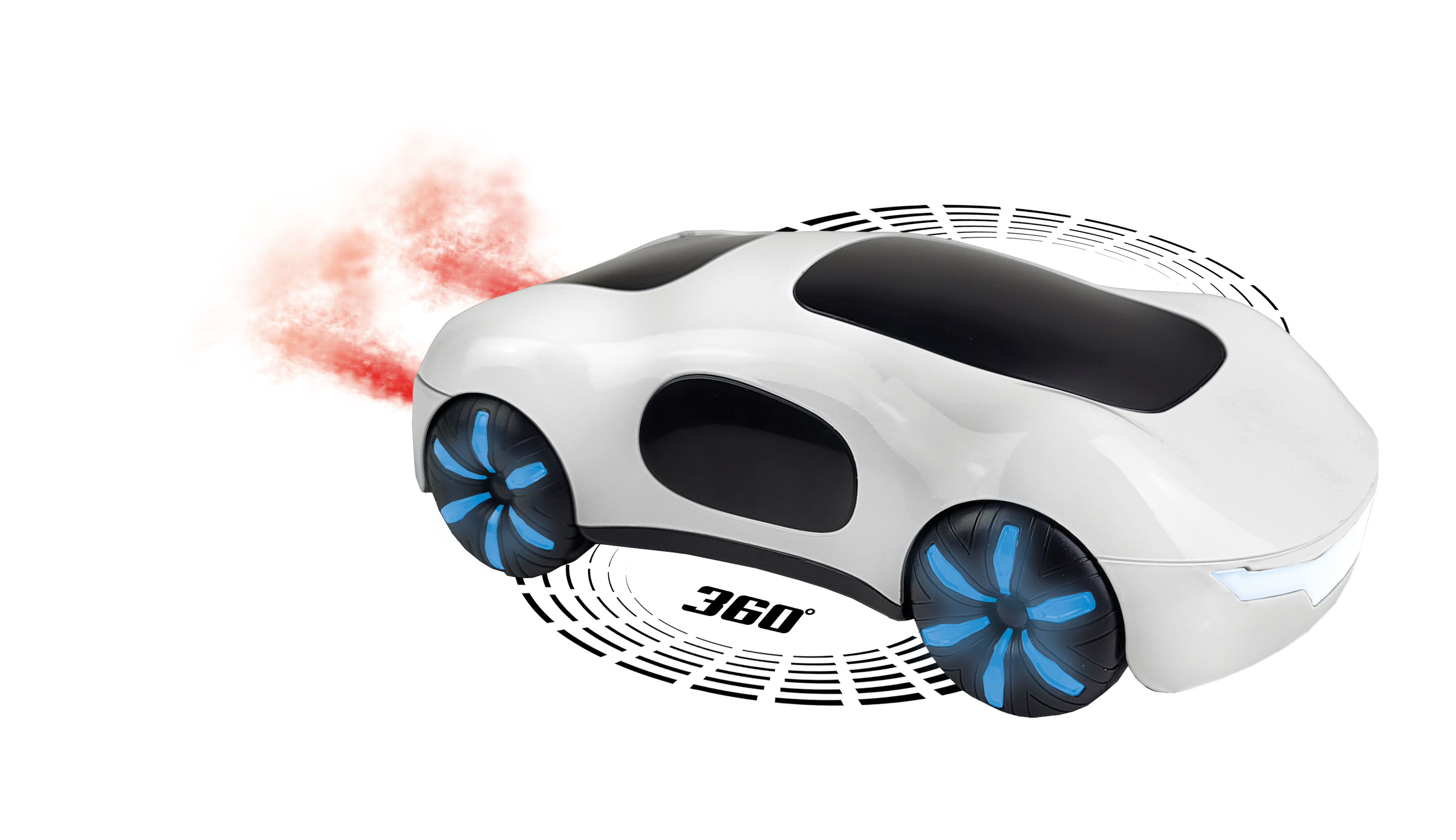 Weißes Spielzeugauto mit blauen Lichtern an den Rädern, das roten Rauch ausstößt, auf weißer Oberfläche.