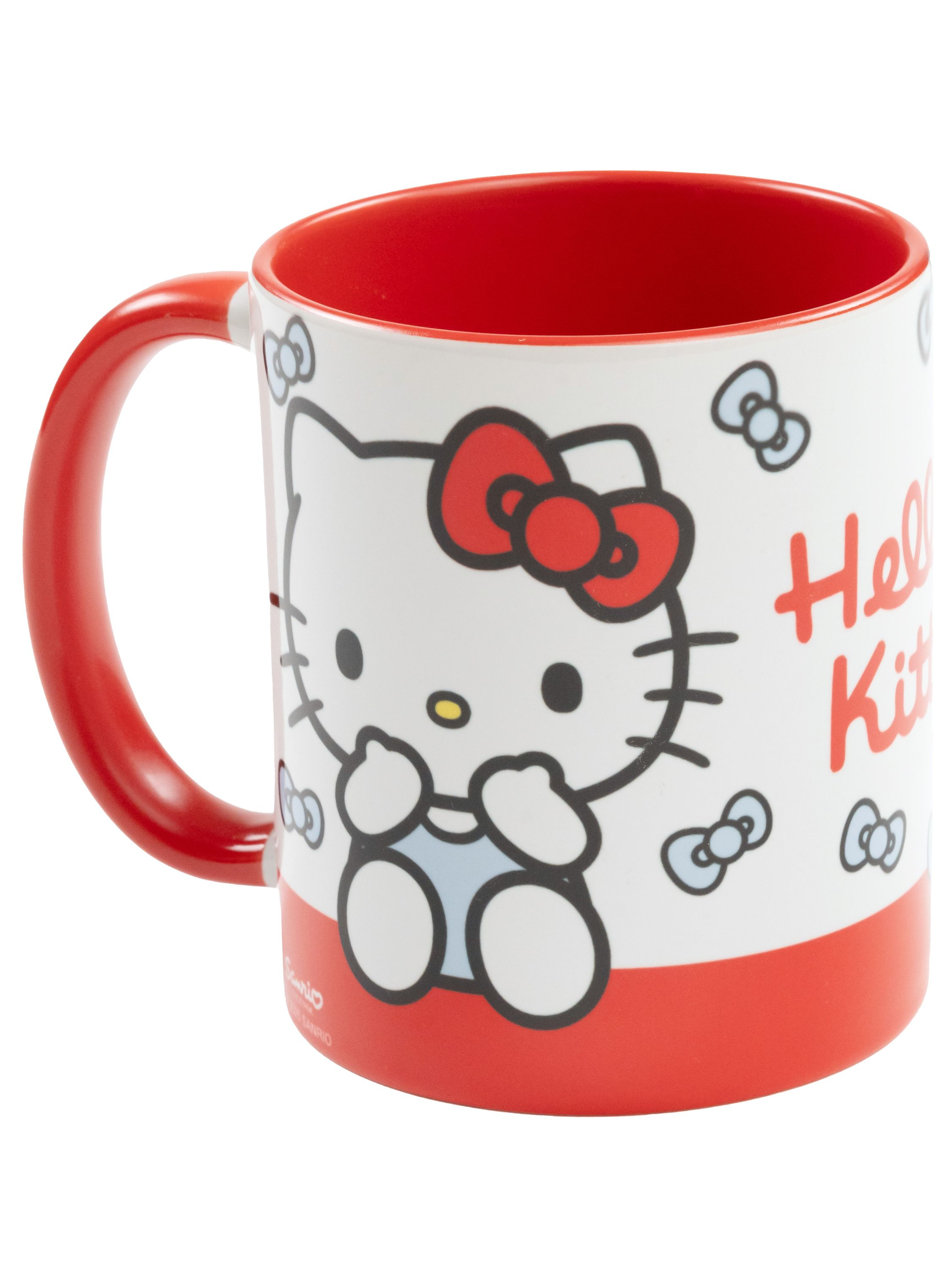 Weiße Tasse mit rotem Innenraum und Henkel. Hello Kitty-Design mit Schleifen und Gesicht.