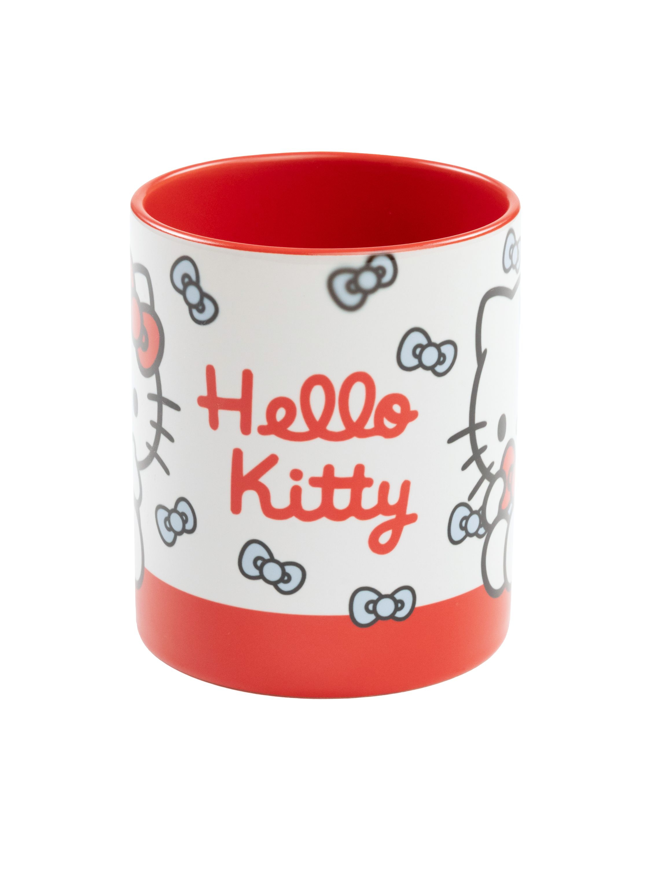 Eine weiße Tasse mit roter Innenseite und Hello Kitty-Design.