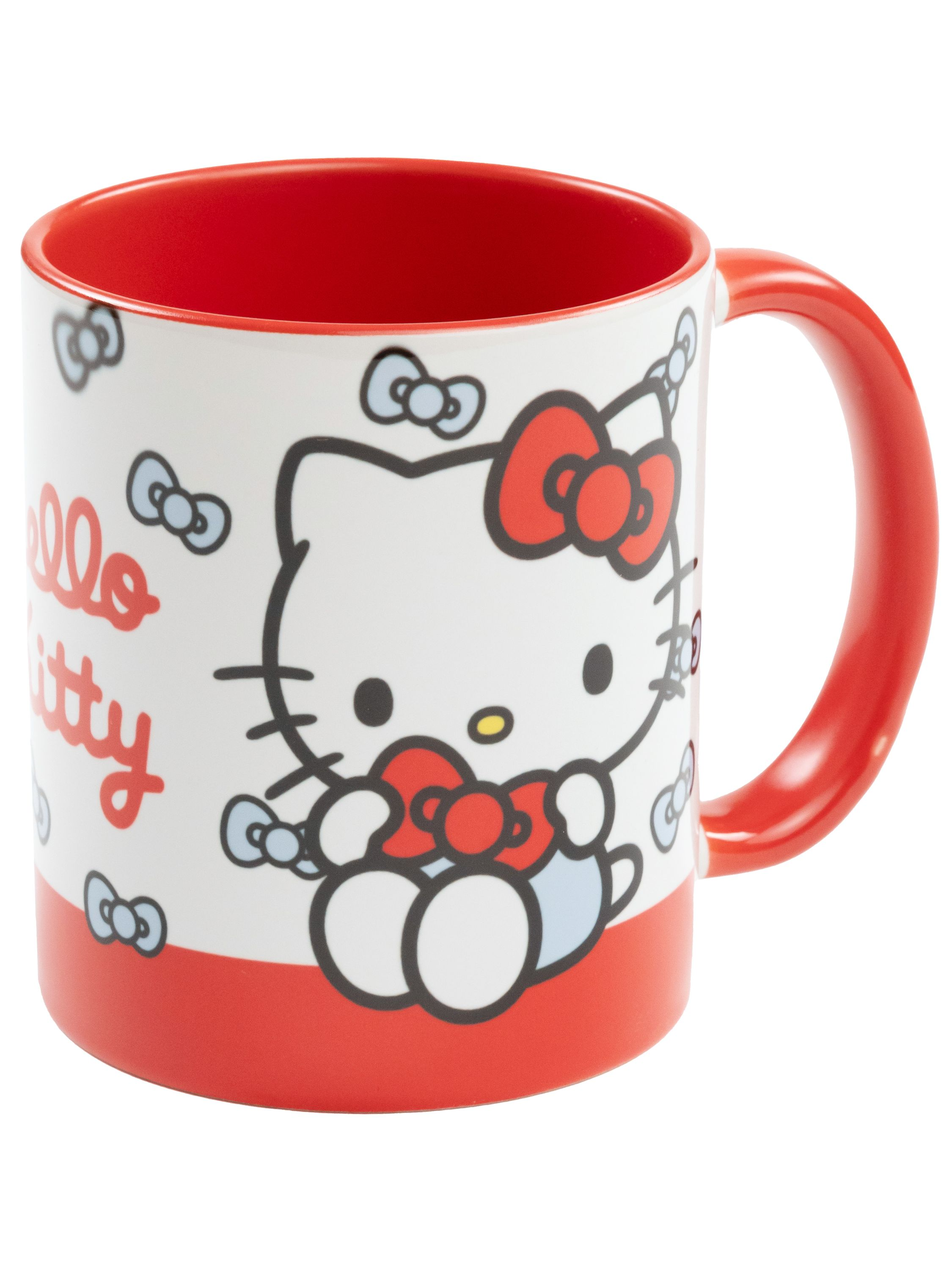 Hello Kitty-Tasse mit rotem Griff und Boden, weißem Körper und blauen Schleifen.