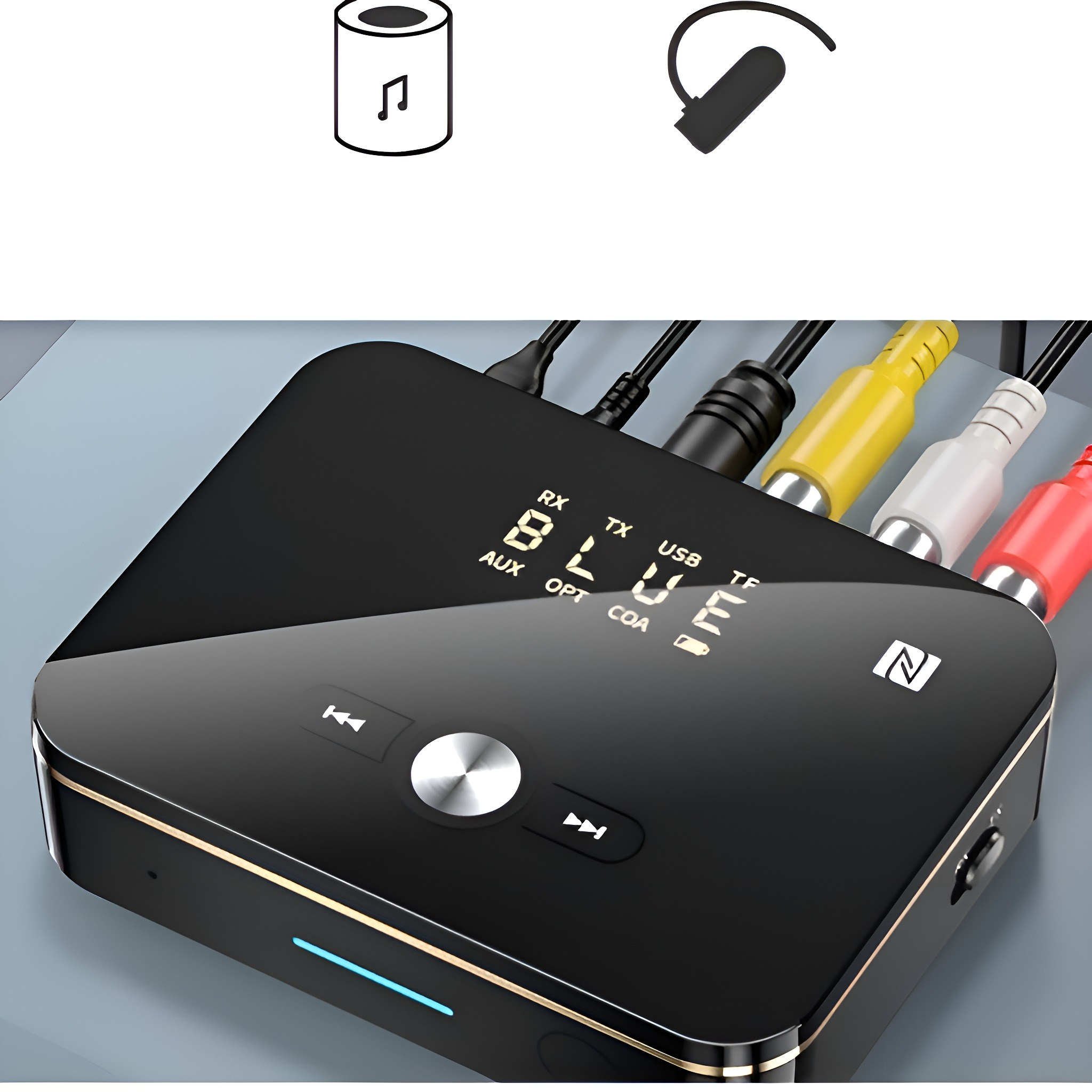 Schwarzes Audiogerät mit Ein-/Ausgängen, Anschlüssen und Display. Ein kabelloser Ohrhörer.