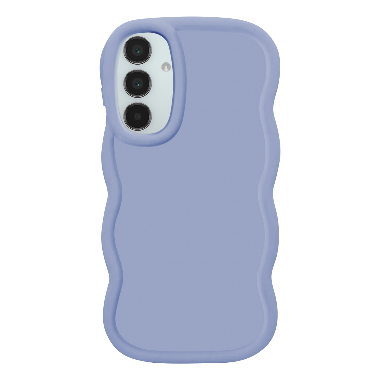 Custodia viola con bordi ondulati. Modulo fotocamera a tre lenti.