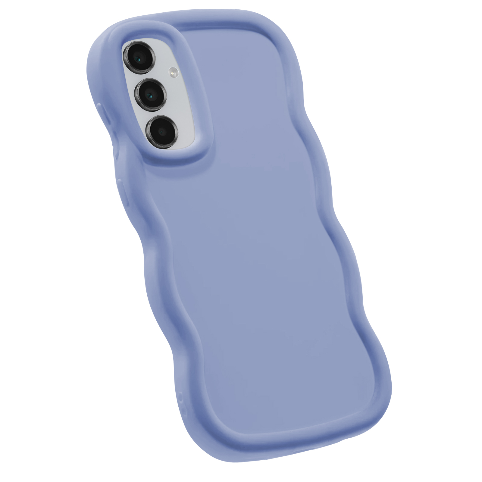Custodia per telefono azzurra con un design ondulato, che mostra l'obiettivo della fotocamera.