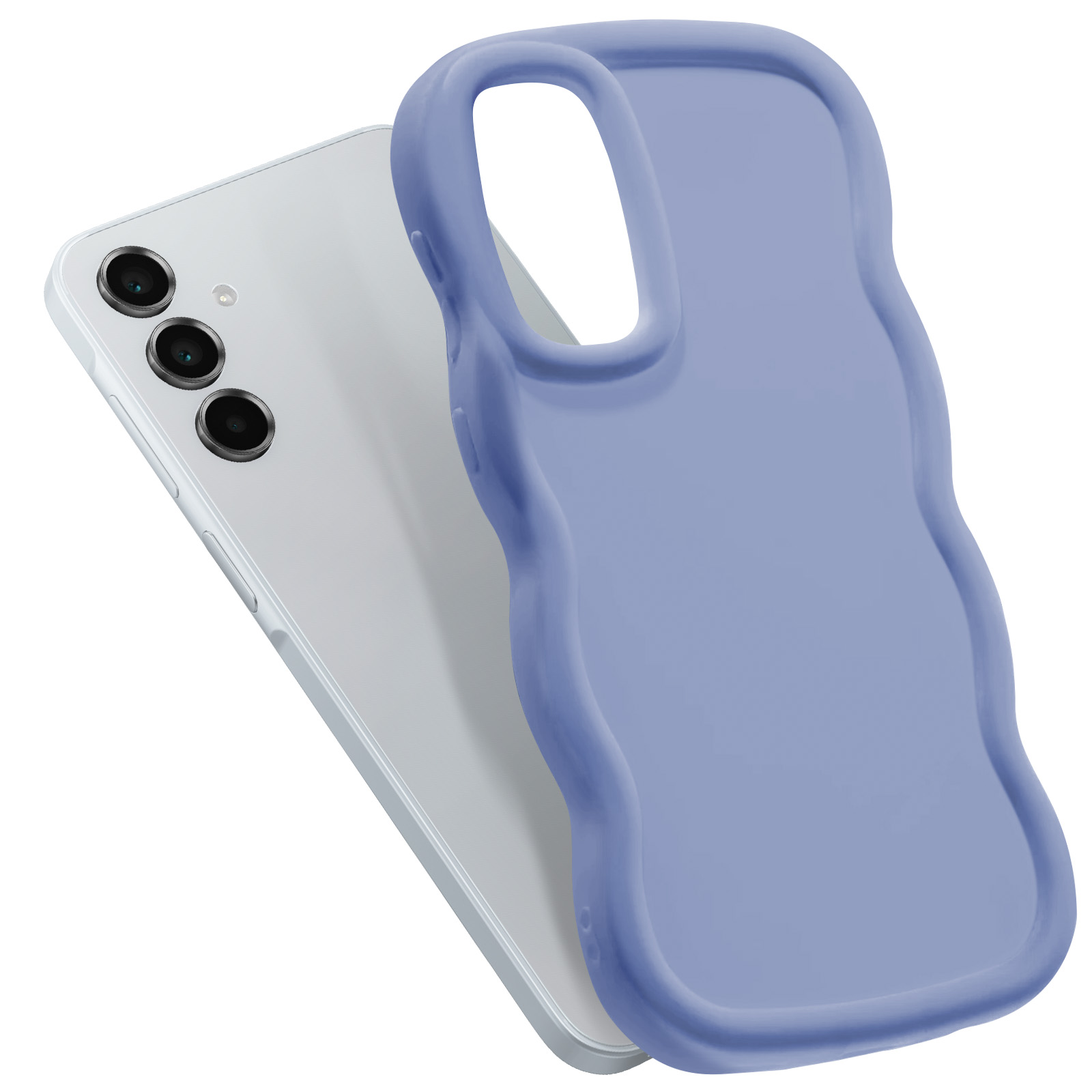 Custodia e telefono, blu e bianco. La custodia ha un bordo ondulato ed è angolata.