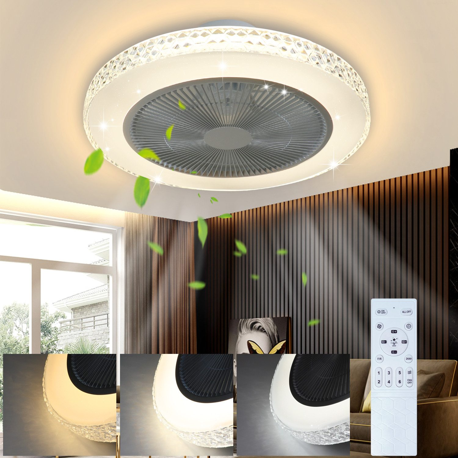 Ventilatore a soffitto con luci integrate, telecomando ed elementi decorativi.