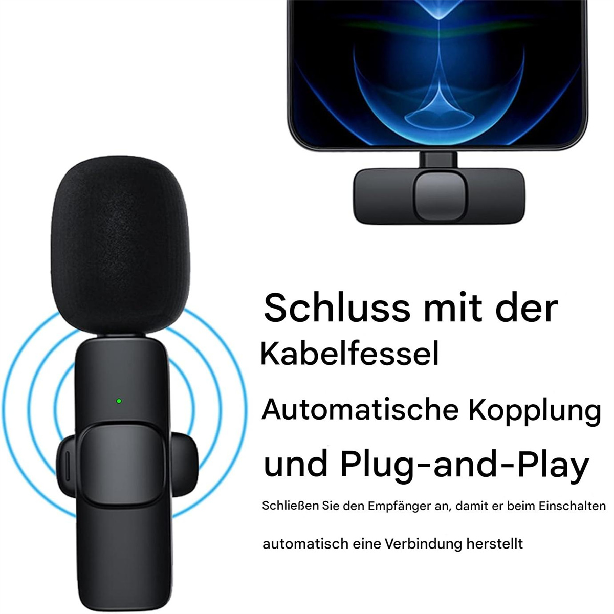 Schwarzes drahtloses Mikrofon mit schwarzem Ständer. Ein Telefonbildschirm befindet sich oben rechts.