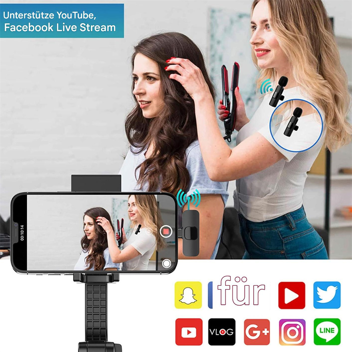 Zwei Frauen filmen mit einem Telefon und Mikrofonen. Symbole von Social-Media-Plattformen sind sichtbar.