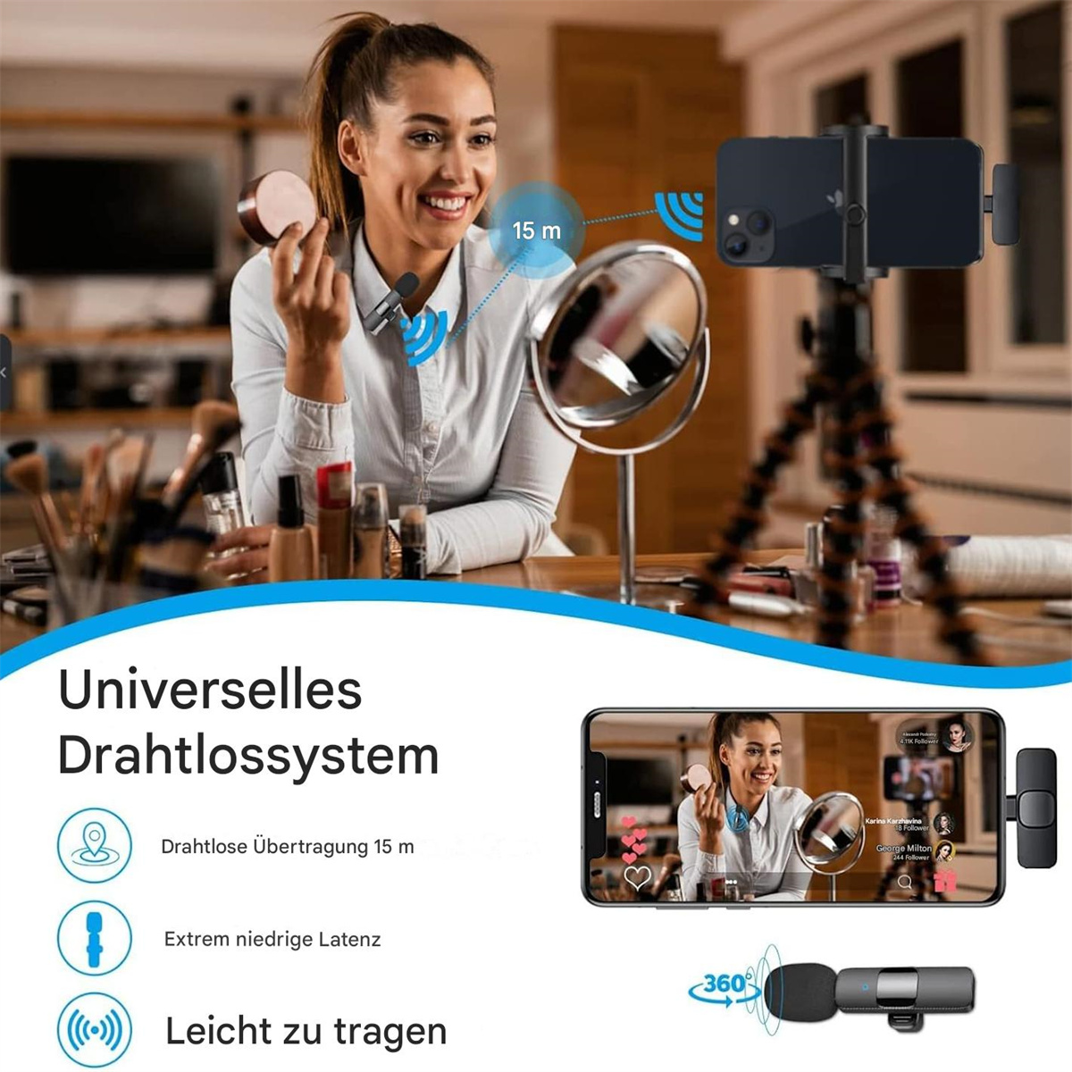 Eine Frau hält ein Make-up-Compact und ein Smartphone auf einem Stativ mit drahtlosem Mikrofon.