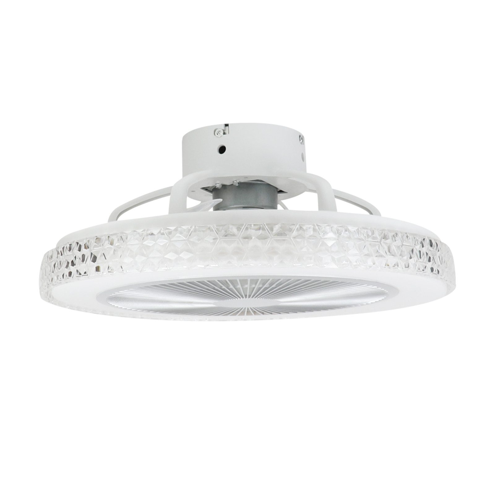 Un ventilatore da soffitto bianco con luce e un bordo a motivi.