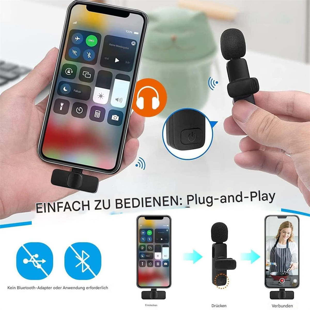 Ein Smartphone mit Mikrofon. Der Text lautet: Einfach zu bedienen: Plug-and-Play.