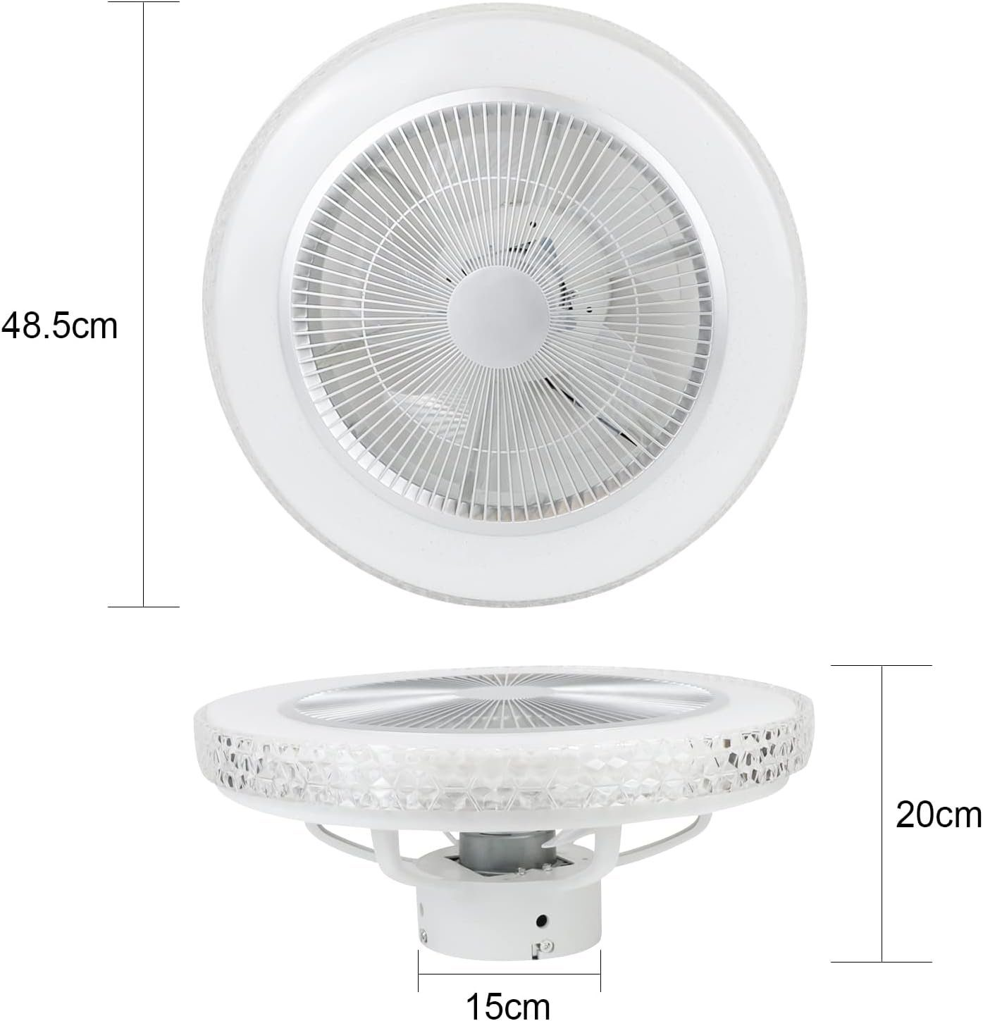 Ventilatore da soffitto bianco con luce ad anello. Il ventilatore ha un diametro di 48,5 cm e un'altezza di 20 cm.