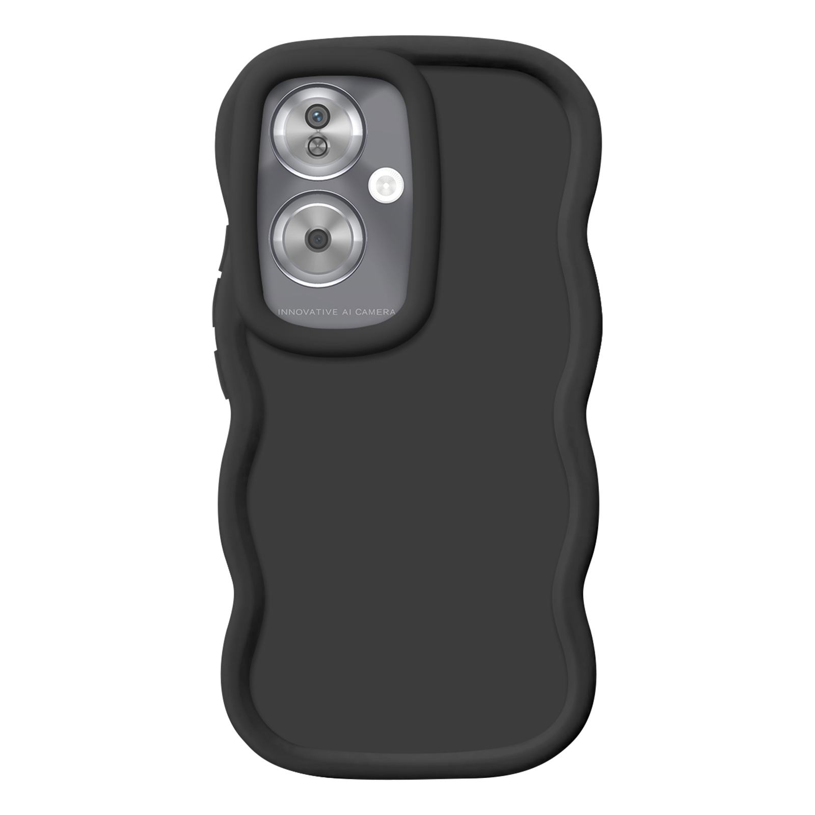 Custodia per telefono nera con bordi ondulati e due obiettivi della fotocamera.