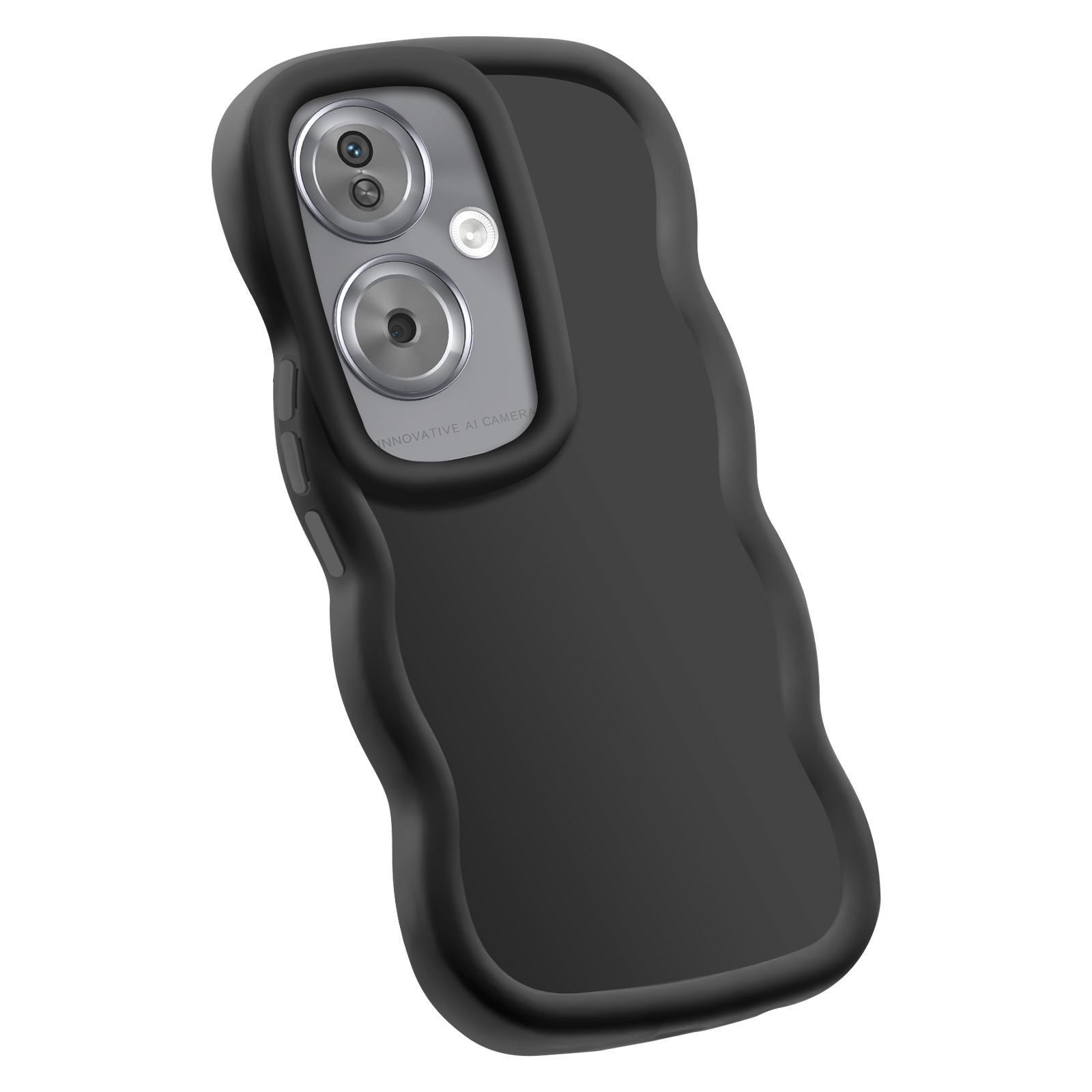 Custodia nera per telefono con rialzo fotocamera. Design a onda.