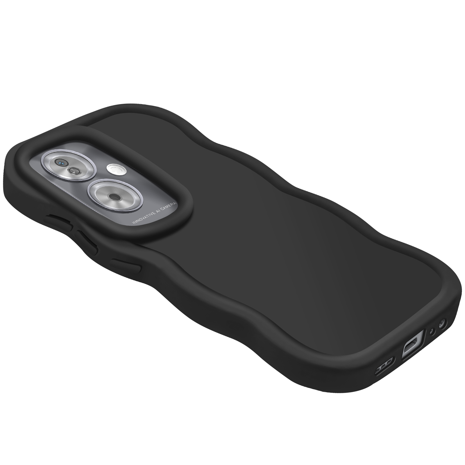 Una custodia nera ondulata con fori per doppia fotocamera, vista da una prospettiva angolata.