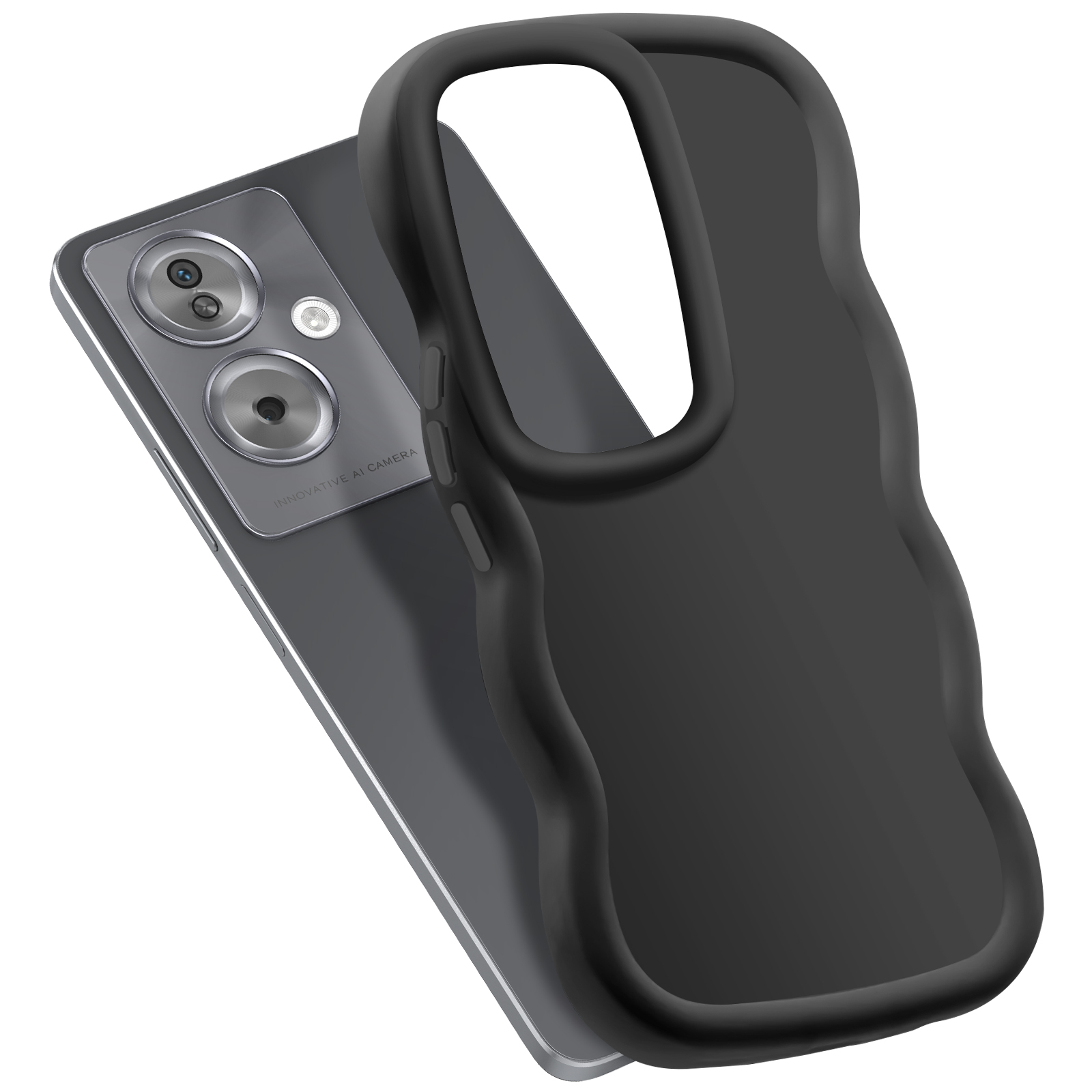 Custodia nera per telefono con ritaglio per fotocamera, sopra un telefono. Il telefono è argento.