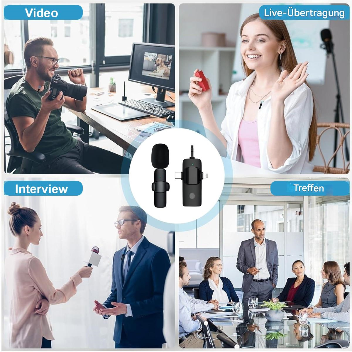 Vier Bilder, die ein drahtloses Mikrofon-Setup zeigen. Menschen benutzen es für Video, Live-Übertragung, Interview und Meeting.