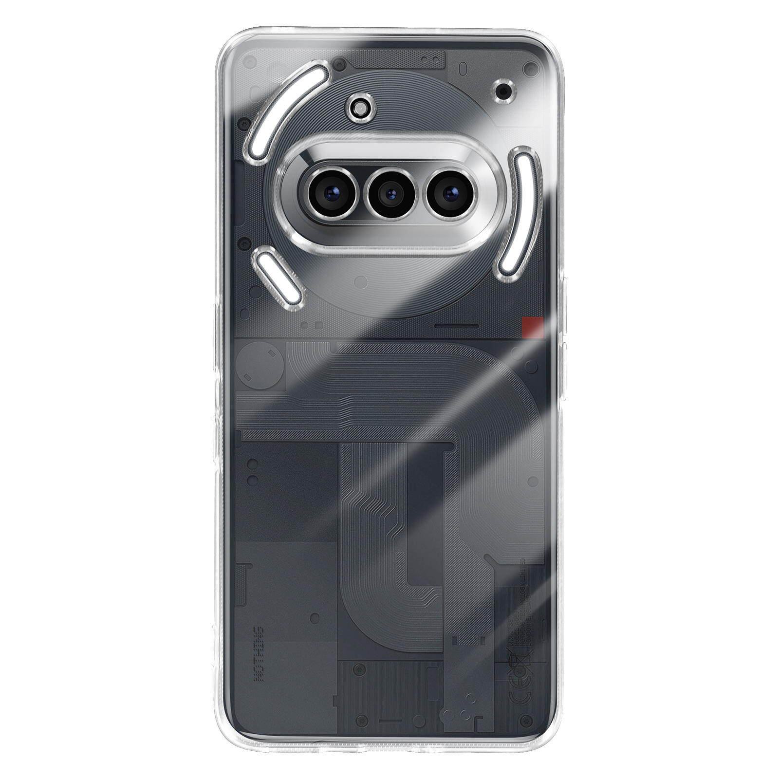 Coque de téléphone transparente avec composants visibles. Trois objectifs. Fond blanc.