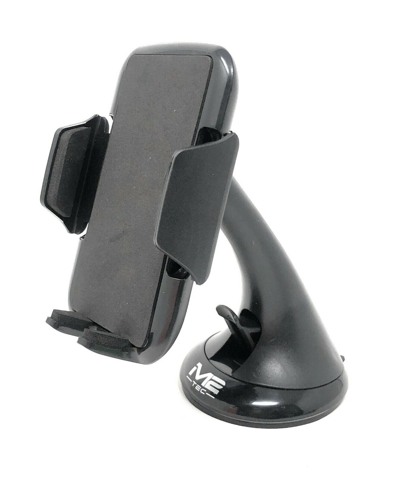 Ein schwarzer Autotelefonhalter mit Saugnapfbasis, der ein Telefon hält. Weißer Hintergrund.