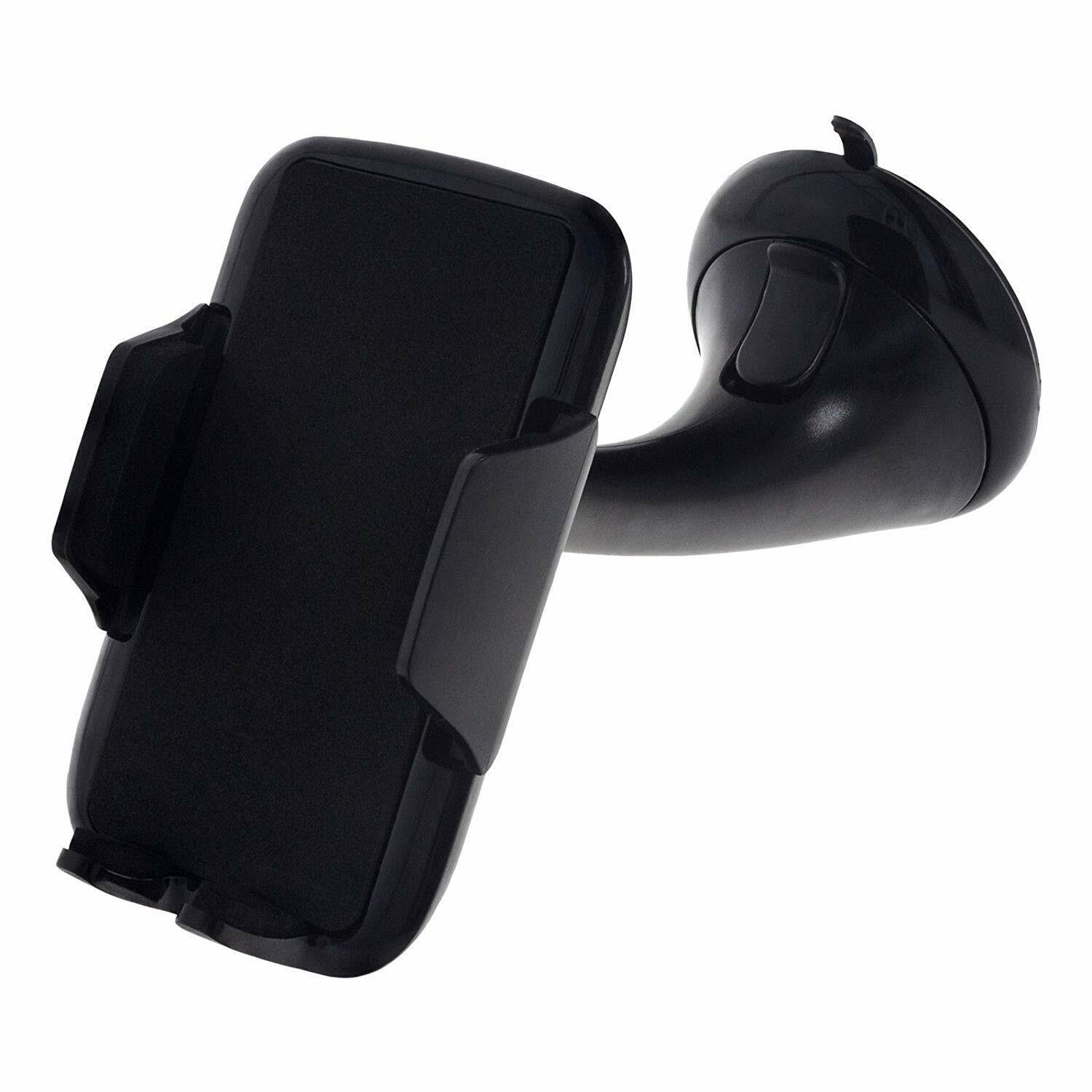 Ein schwarzer Autotelefonhalter mit Saugnapfbasis, vor weißem Hintergrund.