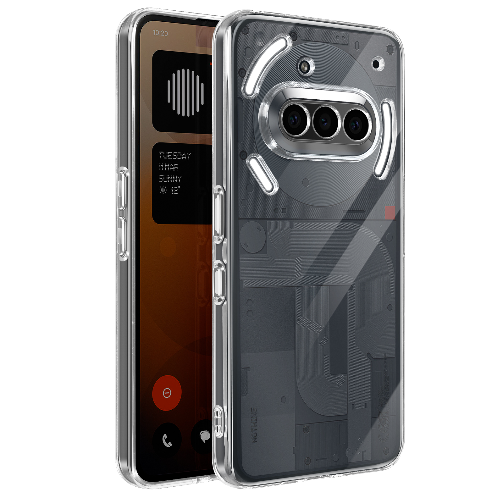 Une coque de téléphone transparente montrant un téléphone avec une horloge et un logo Nothing, vue latérale.