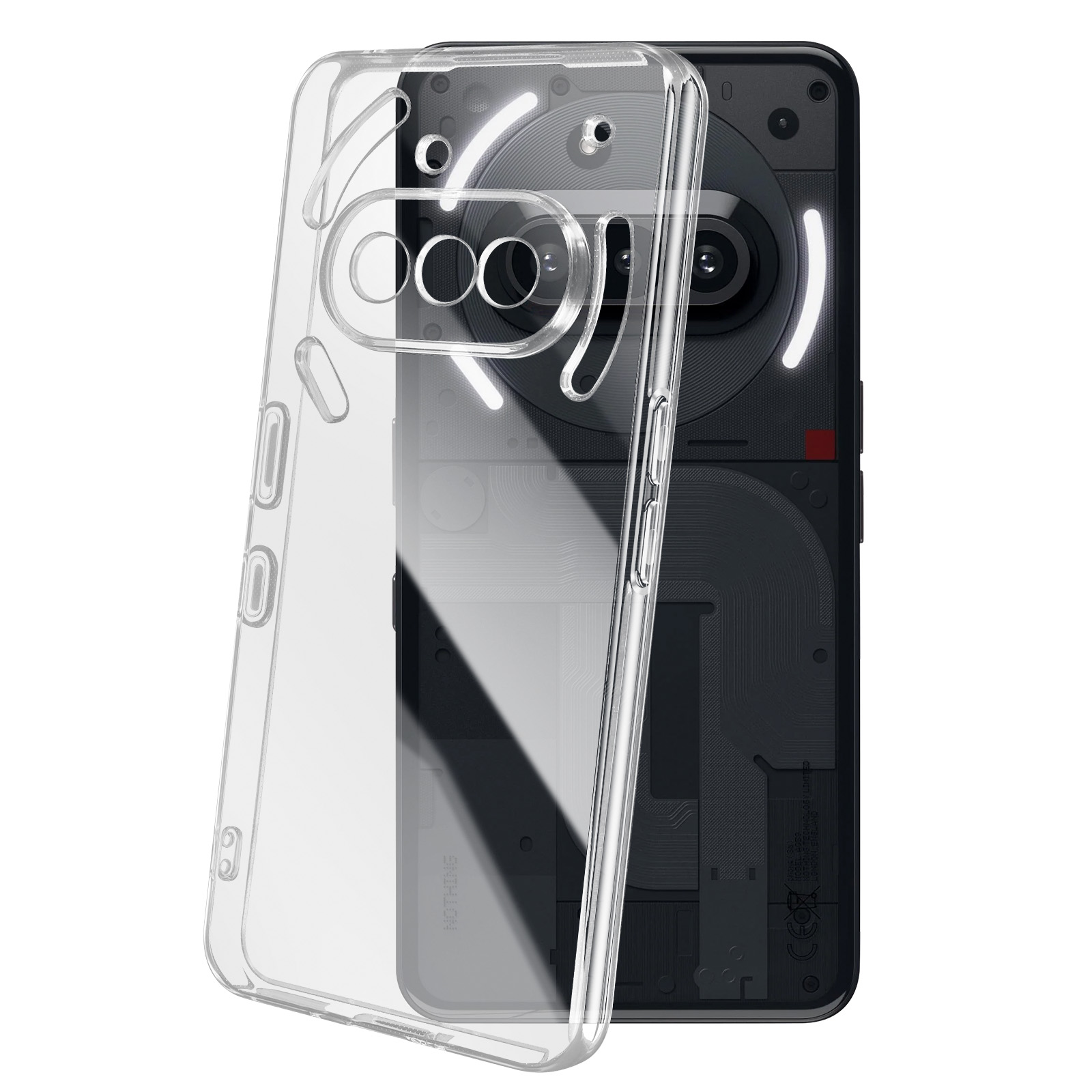 Smartphone à l'intérieur d'un étui transparent. L'étui est transparent, montrant le dos du téléphone avec des lumières.