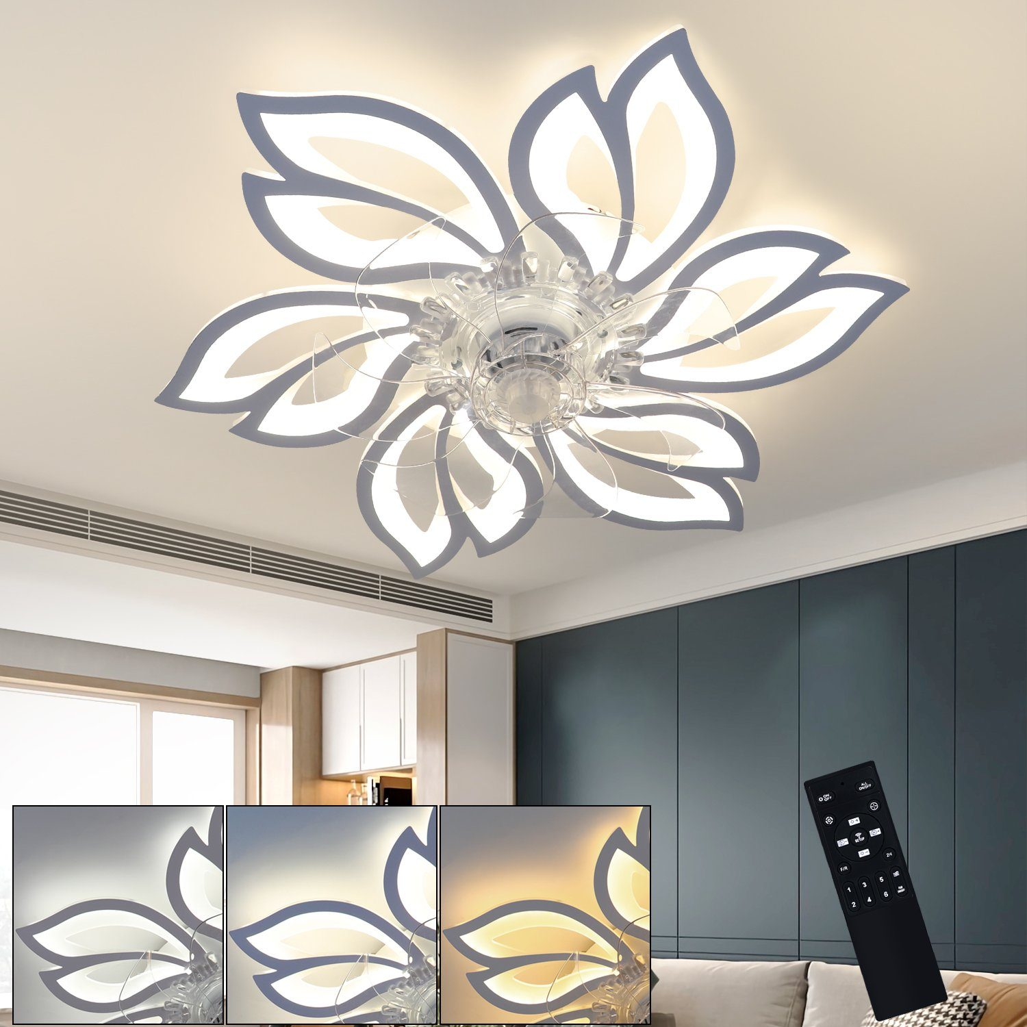 È acceso un ventilatore da soffitto a forma di fiore con luci. Accanto c'è un telecomando. Sotto ci sono tre impostazioni di luce.