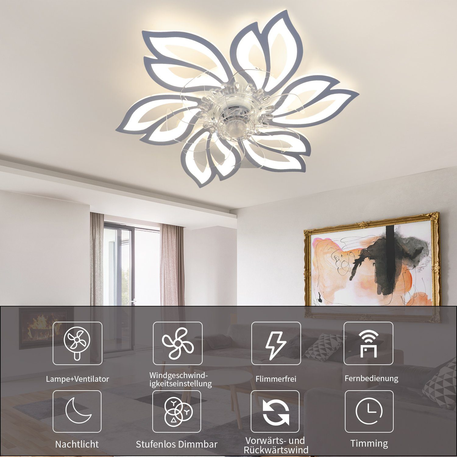 Ventilatore a soffitto con luci a forma di fiore. Le icone mostrano le funzioni del ventilatore. Interno con arte e mobili.