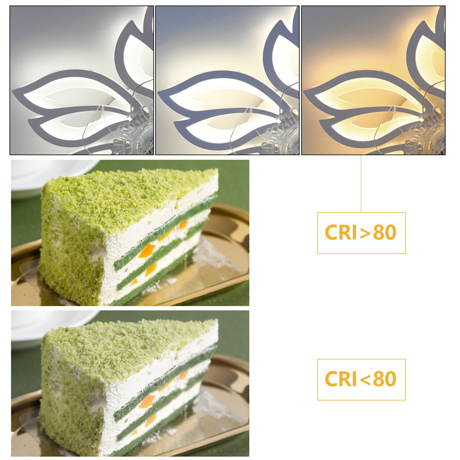 Fetta di torta con strati verdi e frutta. Vengono mostrate diverse condizioni di illuminazione.