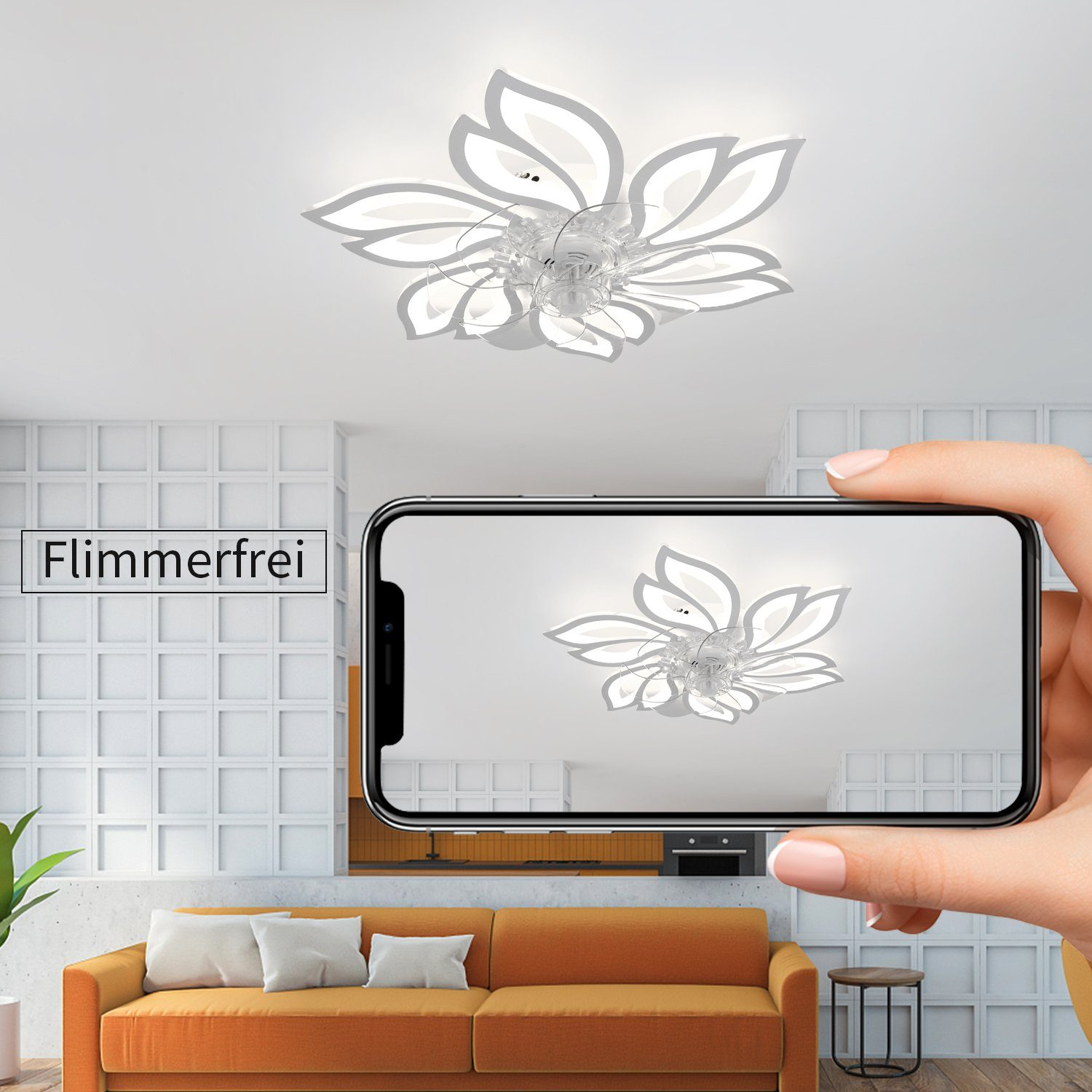 Una persona che tiene un telefono che mostra una plafoniera a forma di fiore.