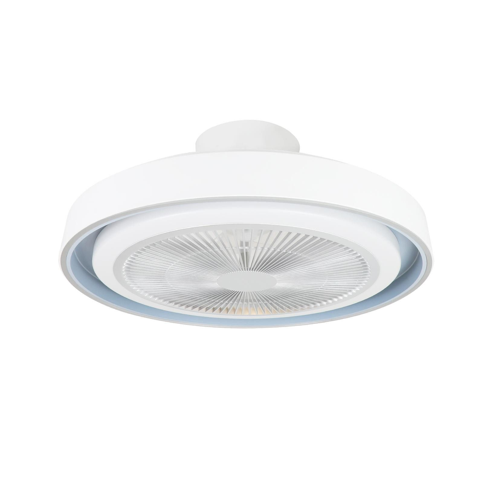 Ein weißer Deckenventilator mit kreisförmigem Design und hellblauem Rand.