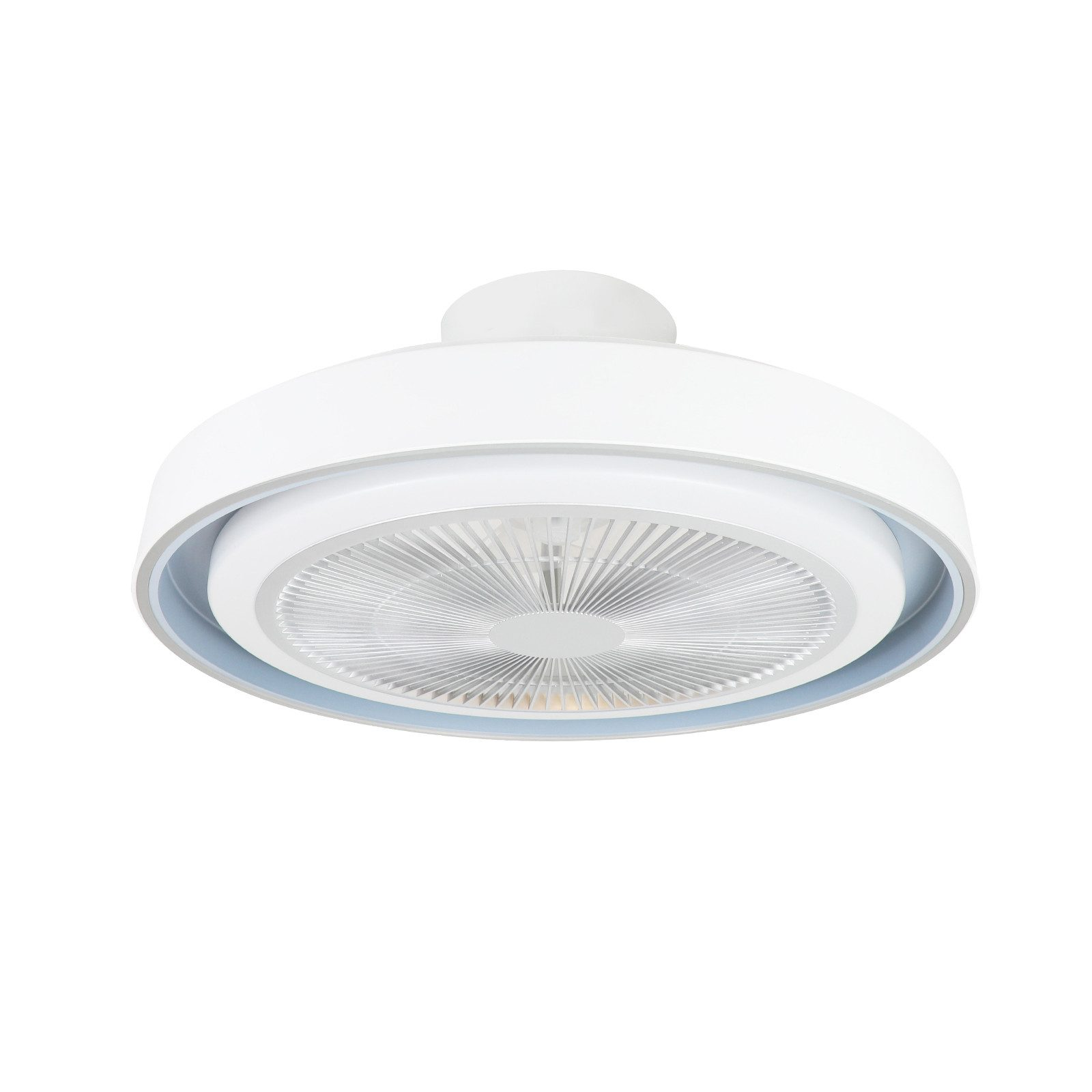 Ein weißer Deckenventilator mit einem hellblauen Ring. Der Ventilator hat ein kreisförmiges Design mit zentraler Leuchte.