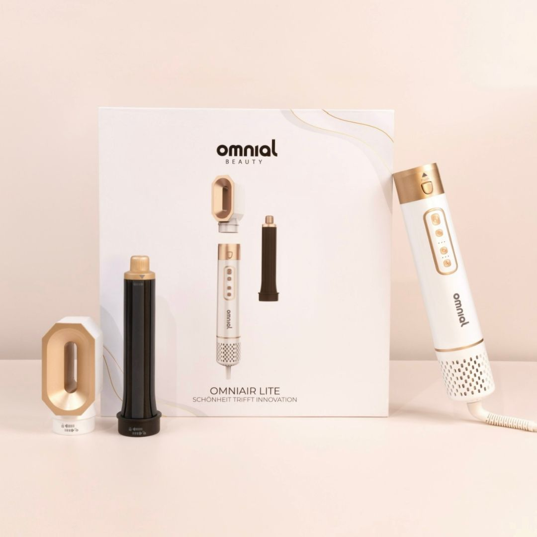 Omnial Haarstyling-Set mit mehreren Werkzeugen und einer weißen Box.