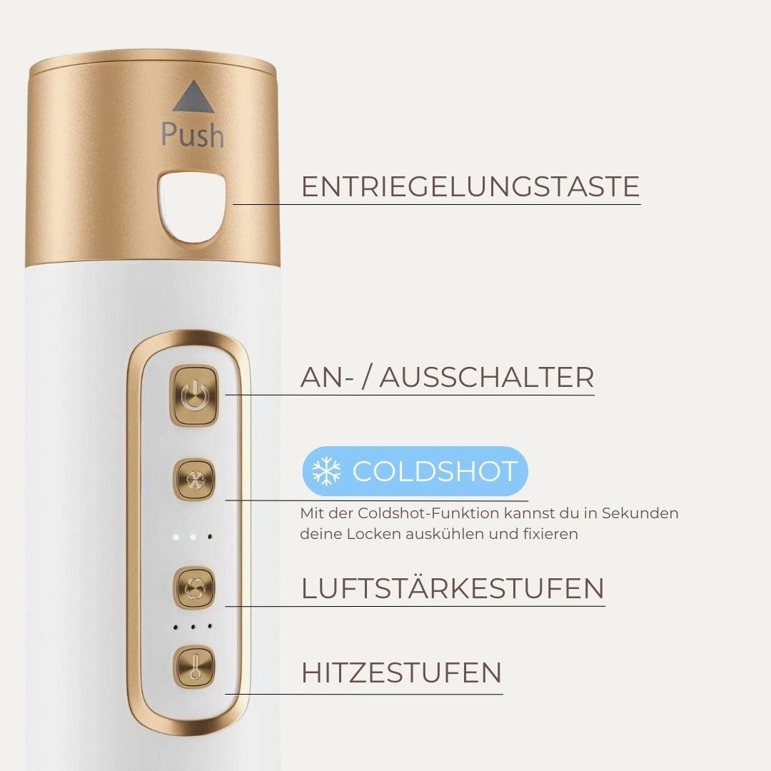 Nahaufnahme eines weißen und goldenen Haarstyling-Tools mit Textbeschriftungen und Tasten.
